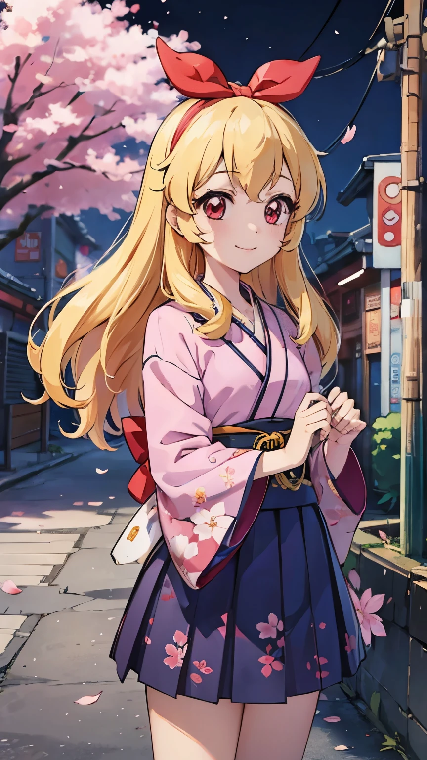 absurdres, absolutely resolution, incredibly absurdres, highres, ultra detailed, official art, unity 8k wallpaper,
BREAK
1 girl, soro, long hair, blonde hair, bow, kimono blazer, kimono skirt, over black legwear,, doyagao, smile, red eyes, kimono, cherry blossom print,
BREAK
holding weapon, holding katana, (katana:1.2), fighting stance, cowboy shot,
BREAK
(cyberpunk:1.1), cyber city, neon city, cyber street, japanese night, cherry blossoms, sakura fubuki, Ichigo Hoshimiya (Aikatsu!)
