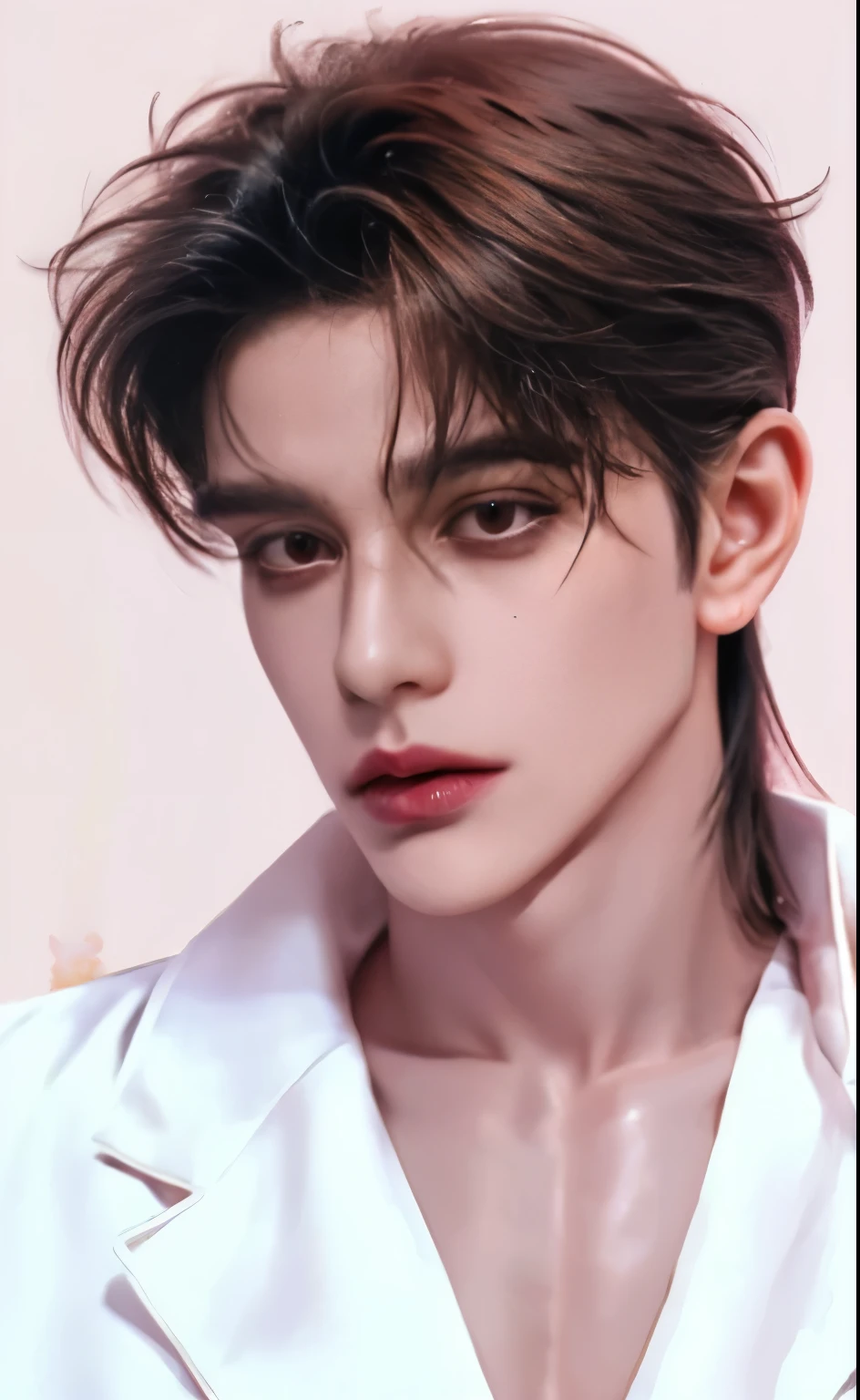 masterpiece, top elite quality, ultra perfection detailed, 1 mature male, 30-ish, (wide shoulder), (muscular), male focus, solo, attractively hot handsome, random hair color, super detailed mullet with bangs hairstyle, random eyes color, super detailed white skinned, upper body, looking at viewer, parted pink-lips, black suit fashion, super perfection detailed clothes, monocle, jewelry, expressionless face, enigmatic stare, (((office simple-background))), photography of a mafia boss, perfect body, perfect shapes, realistic potrait, award winning photography, 8k.