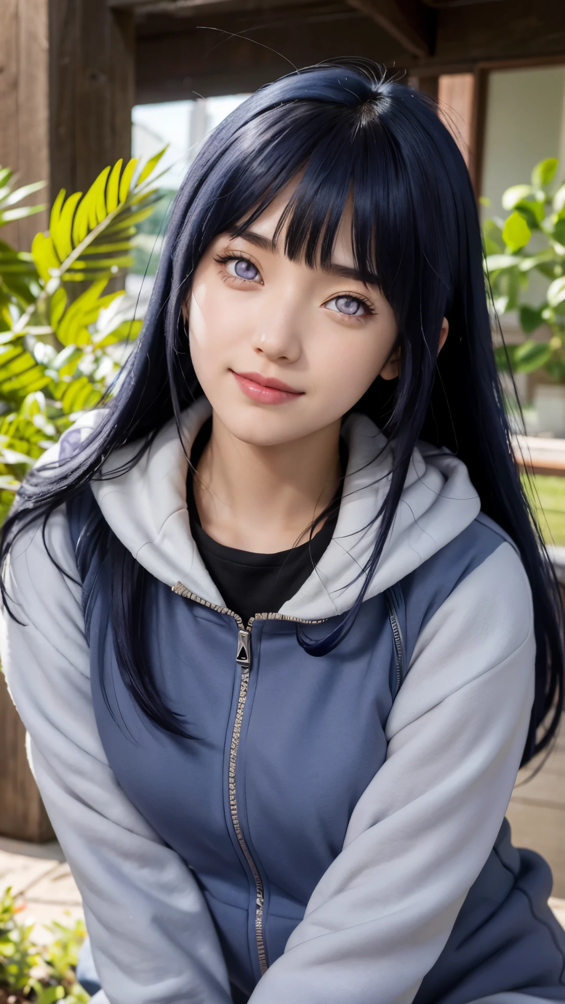 close up image of a person with long hair and a hoodie, hinata hyuga, hinata hyuga from naruto, from naruto, as an anime character, perfect anime face, she has dark blue hair with bangs, female anime character, anime characters, best anime girls, style hime cut hair, dark blue hair, pink lips, light purple eyes, smile, (pretty face:1.3)