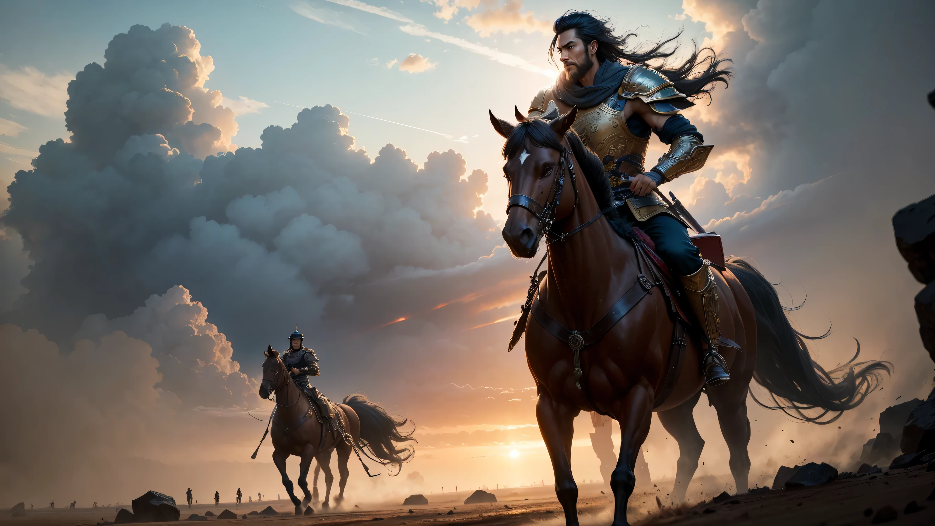 The prompt for the artwork is as follows:
"three kingdoms,Zhao Yun,ferocious warrior,look,(best quality,4k,8k,highres,masterpiece:1.2),ultra-detailed,(realistic,photorealistic,photo-realistic:1.37),oil painting,heroic,vivid colors,strategic battlefield,bravery,deadly precision,majestic armor,gleaming weapons,war-torn landscape,stormy sky,sunlight breaking through the clouds,shadows dancing on the ground"