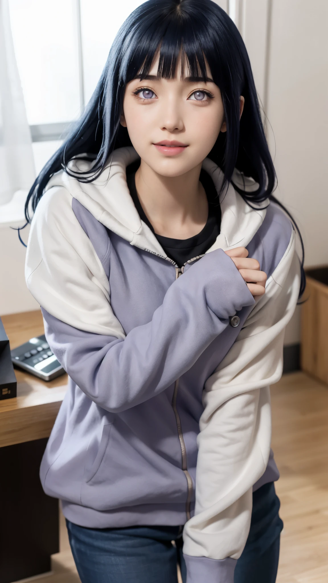 close up image of a person with long hair and a hoodie, hinata hyuga, hinata hyuga from naruto, from naruto, as an anime character, perfect anime face, she has dark blue hair with bangs, female anime character, anime characters, best anime girls, style hime cut hair, dark blue hair, pink lips, light purple eyes, smile, (pretty face:1.3)