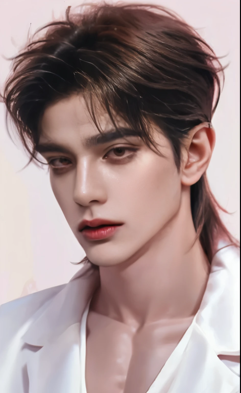 masterpiece, top elite quality, ultra perfection detailed, 1 mature male, 30-ish, (wide shoulder), (muscular), male focus, solo, attractively hot handsome, random hair color, super detailed mullet with bangs hairstyle, random eyes color, super detailed white skinned, upper body, looking at viewer, parted pink-lips, black suit fashion, super perfection detailed clothes, monocle, jewelry, expressionless face, enigmatic stare, (((office simple-background))), photography of a mafia boss, perfect body, perfect shapes, realistic potrait, award winning photography, 8k.
