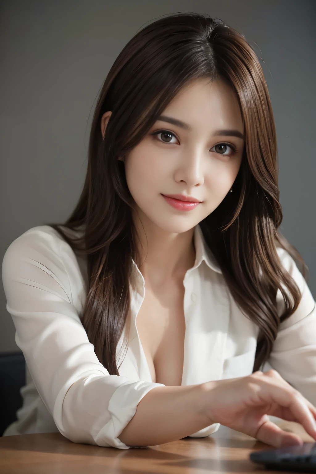 table top, highest quality, realistic, Super detailed, finely, High resolution, 8k wallpaper, 1 beautiful woman,, light brown messy hair, wearing a business suit, sharp focus, perfect dynamic composition, beautiful and detailed eyes, thin hair, Detailed realistic skin texture, smile, close-up portrait, model body shape