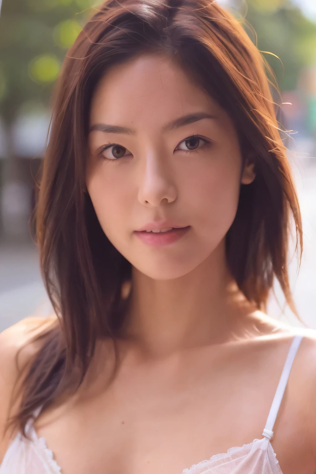 NSFW:1.3:((highest quality、8K resolution、master masterpiece、portrait:1.3)), Photoreal, 35mm film, 1 Japanese female,Beautiful woman, on the street during the day, wrinkles around the eyes,((sexy lingerie:1.3)) , (outdoors_city street: 1.3), jumbled background,look at the audience,(Tokyo cityscape:1.3),big breasts:1.3,smile