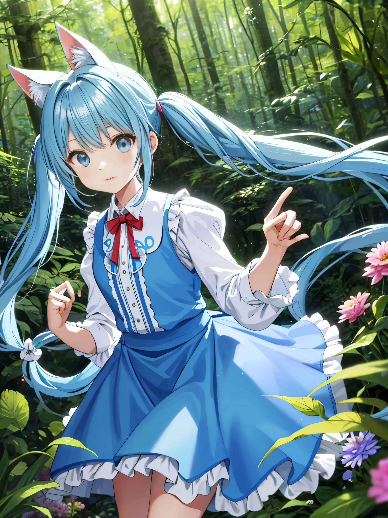 alice in wonderland light blue long hair Beautiful girl with twin tails in a dense forest running A lot of beautiful flowers there are many animals Trump Dance