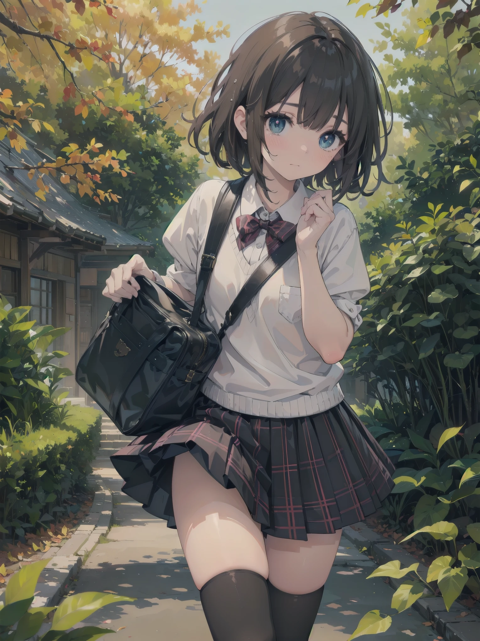 (highest quality、16K、masterpiece、ultra high resolution、Impressionism、Photoreal:1.2)、cowboy shot、sharp focus、Detailed faces and eyes walking along a tree-lined avenue々group of, March, during butn, in butn, Golden butn, golden leaves, butn season, trending photos, March, but, beautiful画像, beautiful美学, butn, butn season, beautiful日, in butn, !!beautiful!!)、sharp pupils、realistic student、beautiful顔、12 year old beautiful girl、shiny skin、very short hair、beautiful dark brown hair、dull bangs、dark blue eyes、cam plaid、black stockings、knee high boots、have、(hold the skirt、skirt up:1.4)、(need to hurry、Watery eye、embarrassed look:1.2)、