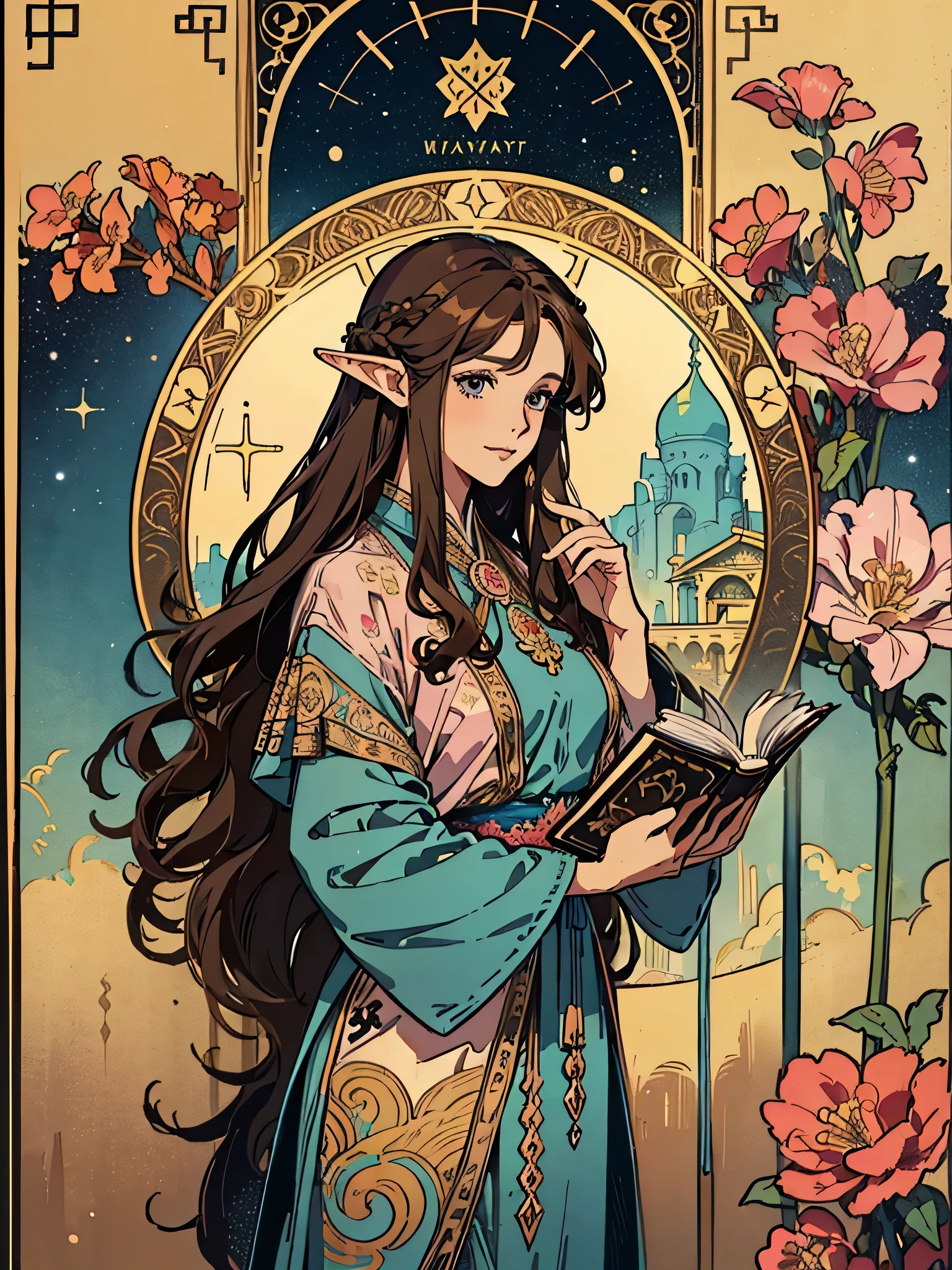 (Flat color:1.1),(Colorful:1.3),(Masterpiece:1.2), tarot: Princess, pointed elven ears, Best quality, Masterpiece, Original, 1 girl, long brown curly hair, (brown hair), smiling lips, black eyes, a princess, pink hanfu, gold jewelry，holding leather book, Full body photo of woman，Very detailed wallpaper,Solo，Blue starry sky，tarot card layout，Best quality, Masterpiece, (Realistic:0.6), Realistic lighting,Flower frame， Decorative panels， abstract artistic， Alphonse Mucha （tmasterpiece， best qualtiy， A high resolution： 1.4）， A detailed， Complicated details， 4K，cerulean， Line art， Fibonacci