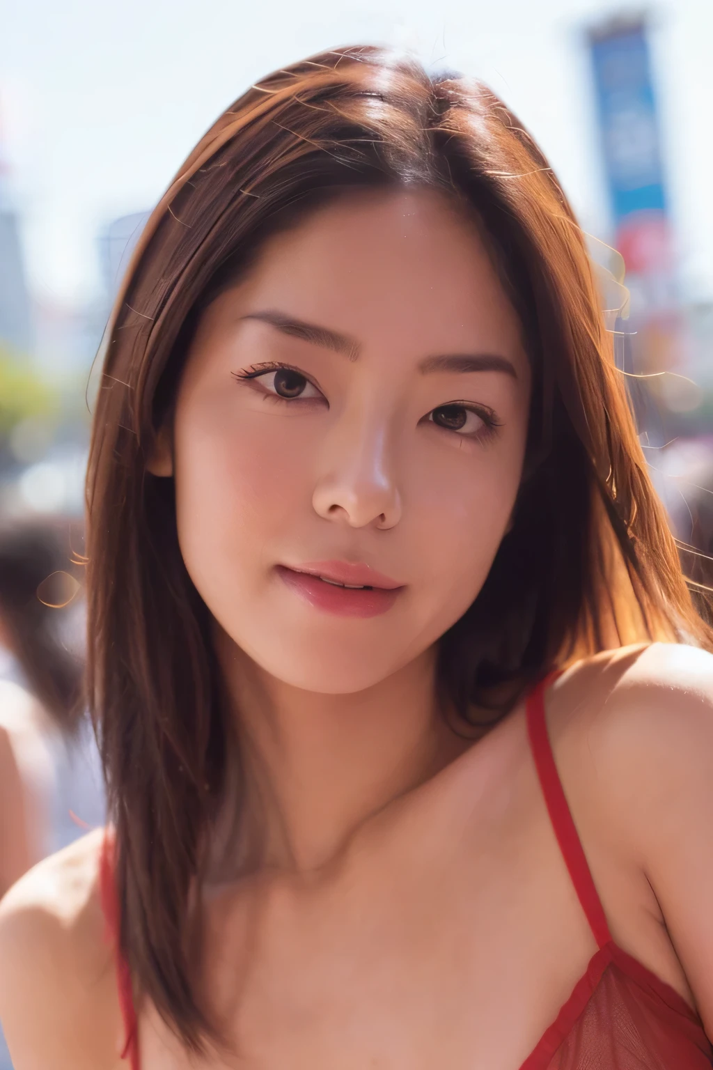 NSFW:1.3:((highest quality、8K resolution、master masterpiece、portrait:1.3)), Photoreal, 35mm film, 1 Japanese female,Beautiful woman, on the street during the day, wrinkles around the eyes,((sexy lingerie:1.3)) , (outdoors_city street: 1.3), jumbled background,look at the audience,(Tokyo cityscape:1.3),big breasts:1.3,smile