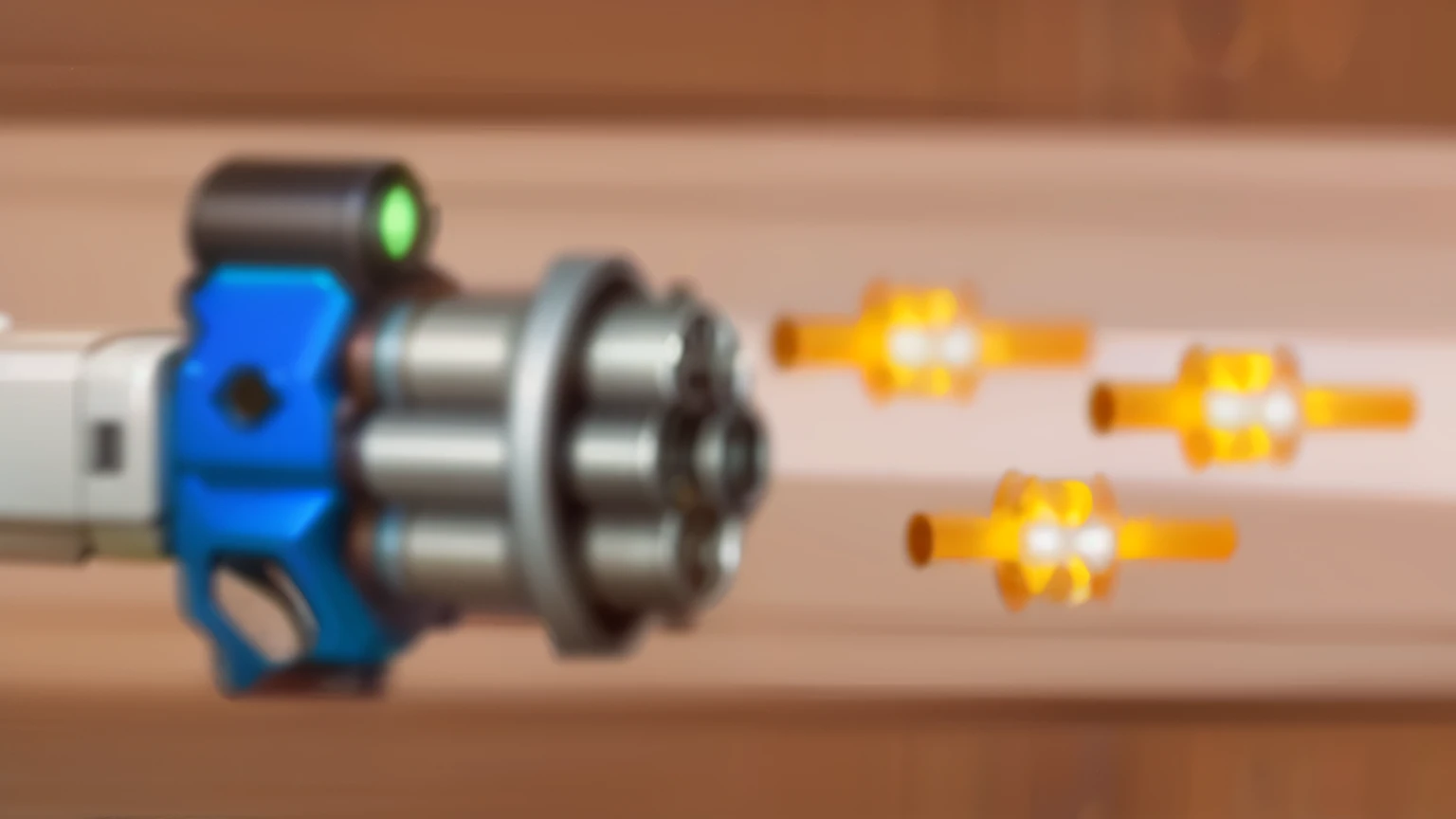 (Best quality, best image, 4K, mechanical) a blue gatlingun shooting bullets with brown gradual background