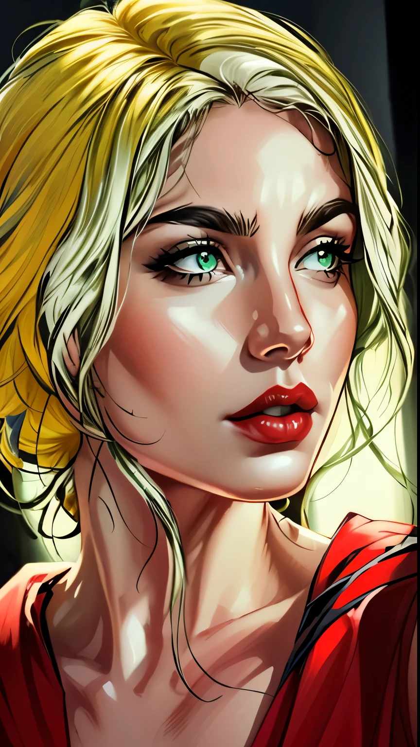 obra de arte, melhor qualidade, 1 garota, Red lips, Sozinho, jaqueta bomber, olhos verdes, body verde e amarelo, cabelo encaracolado, multicolocabelo vermelho, cabelo branco, cabelo vermelho, cabelos ruivos, cabelo em dois tons,ombre , Ladino dos X-men, Anna Lebeau, franja, side lighting, peles peles, retrato, Super heroi,Best illustration, fundo da cidade,
