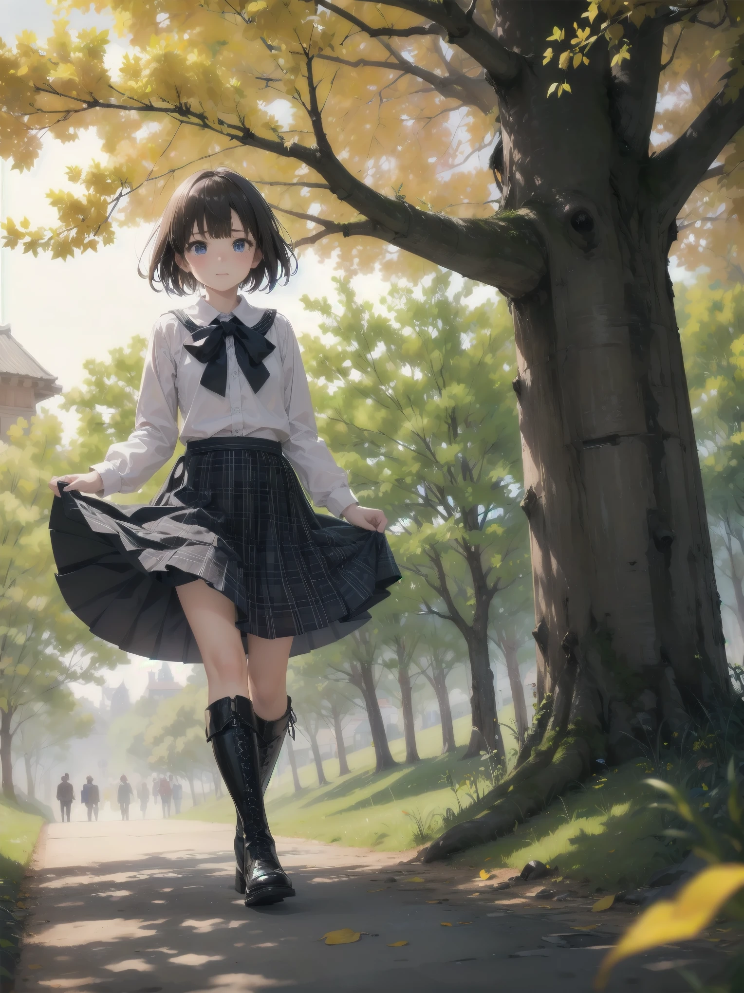(highest quality、16K、masterpiece、ultra high resolution、Impressionism、Photoreal:1.2)、cowboy shot、sharp focus、Detailed faces and eyes walking along a tree-lined avenue々group of, March, during butn, in butn, Golden butn, golden leaves, butn season, trending photos, March, but, beautiful画像, beautiful美学, butn, butn season, beautiful日, in butn, !!beautiful!!)、sharp pupils、realistic student、beautiful顔、12 year old beautiful girl、shiny skin、very short hair、beautiful dark brown hair、dull bangs、dark blue eyes、cam plaid、black stockings、knee high boots、have、(hold the skirt、skirt up:1.4)、(need to hurry、Watery eye、embarrassed look:1.2)、