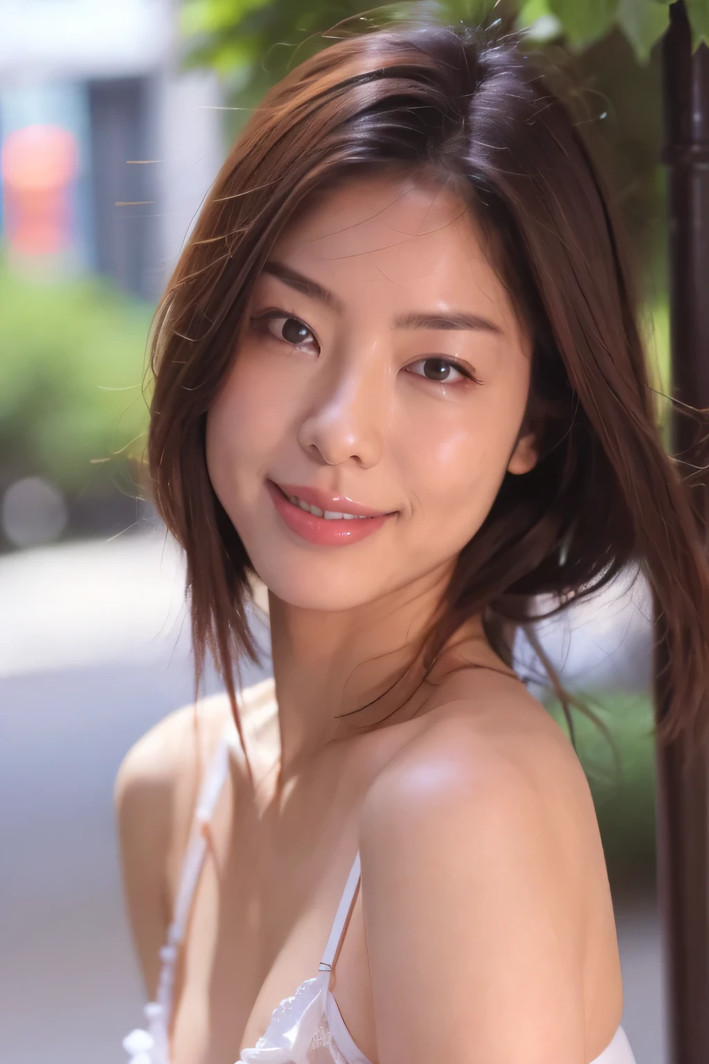 NSFW:1.3:((highest quality、8K resolution、master masterpiece、portrait:1.3)), Photoreal, 35mm film, 1 Japanese female,Beautiful woman, on the street during the day, wrinkles around the eyes,((sexy lingerie:1.3)) , (outdoors_city street: 1.3), jumbled background,look at the audience,(Tokyo cityscape:1.3),big breasts:1.3,laughter