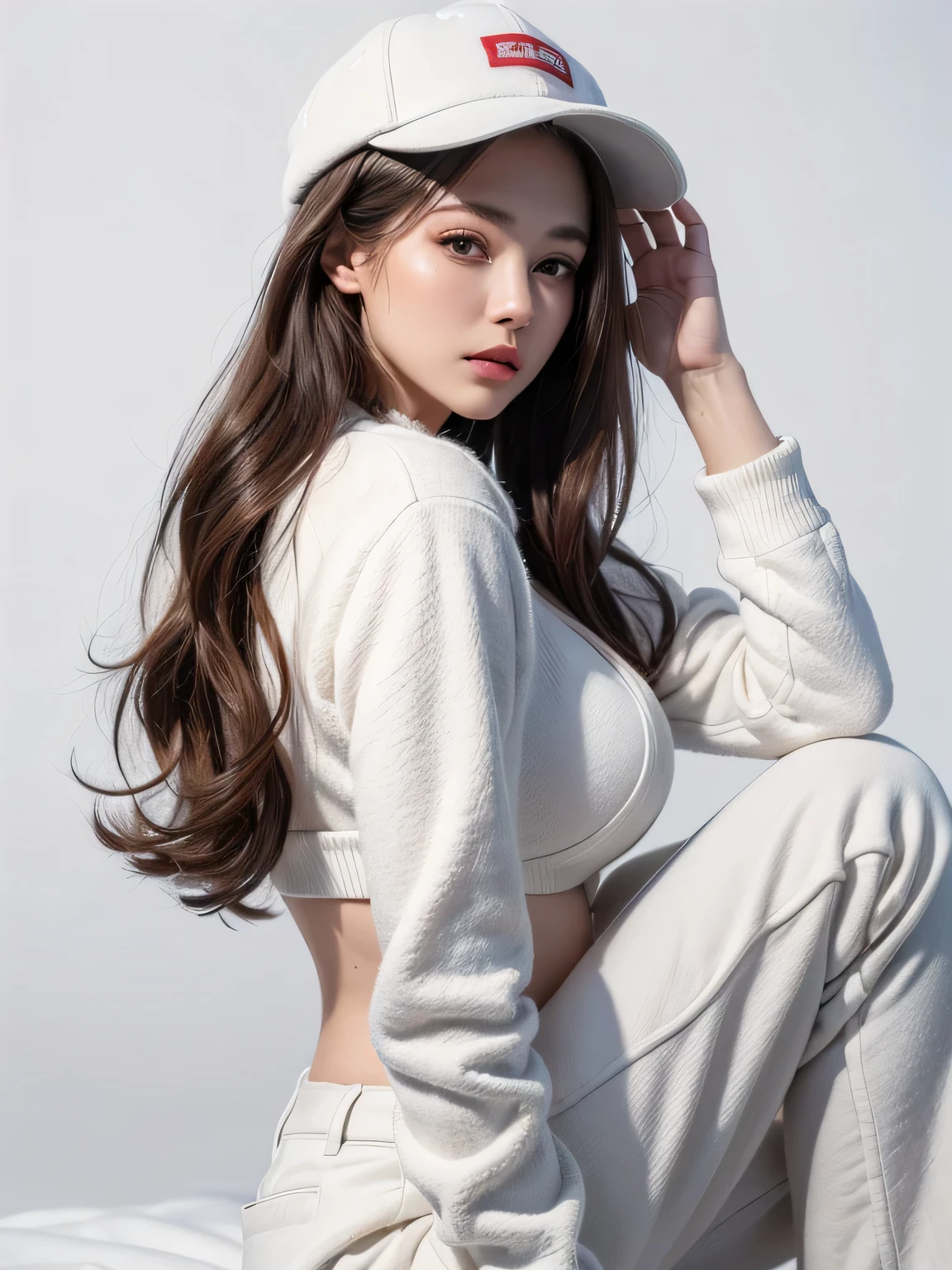 (8k, highest quality, High resolution, RAW photo, masterpiece :1.3), beautiful and stylish adult woman, long face, ((pure white background)), (fleece jacket, good, wide pants, have), ((Accurately express details such as faces and skin textures)), wavy bob hair, take a pose