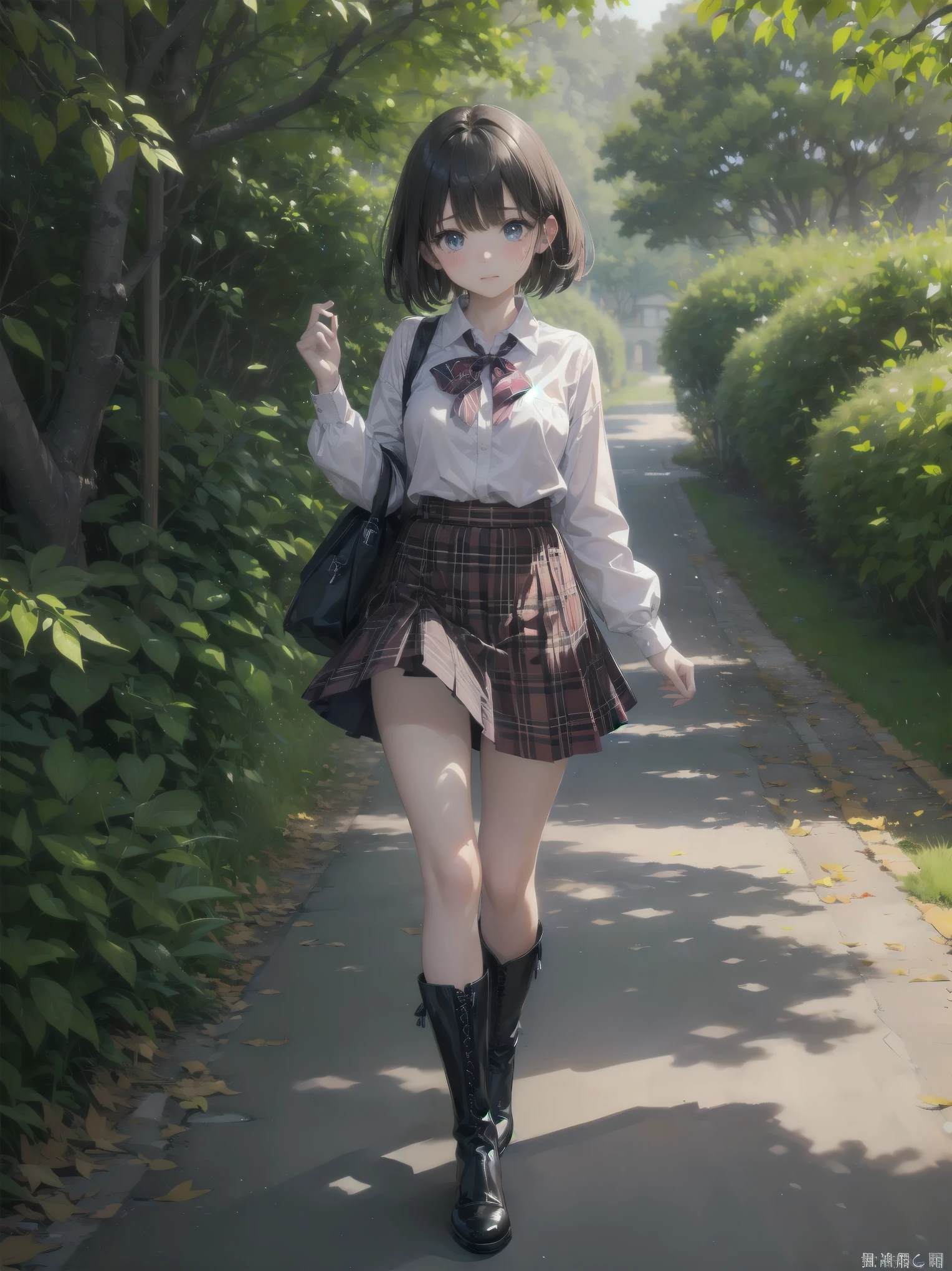 (highest quality、16K、masterpiece、ultra high resolution、Impressionism、Photoreal:1.2)、cowboy shot、sharp focus、Detailed faces and eyes walking along a tree-lined avenue々group of, March, during butn, in butn, Golden butn, golden leaves, butn season, trending photos, March, but, beautiful画像, beautiful美学, butn, butn season, beautiful日, in butn, !!beautiful!!)、sharp pupils、realistic student、beautiful顔、12 year old beautiful girl、shiny skin、very short hair、beautiful dark brown hair、dull bangs、dark blue eyes、cam plaid、black stockings、knee high boots、have、(hold the skirt、skirt up:1.4)、(need to hurry、Watery eye、embarrassed look:1.2)、