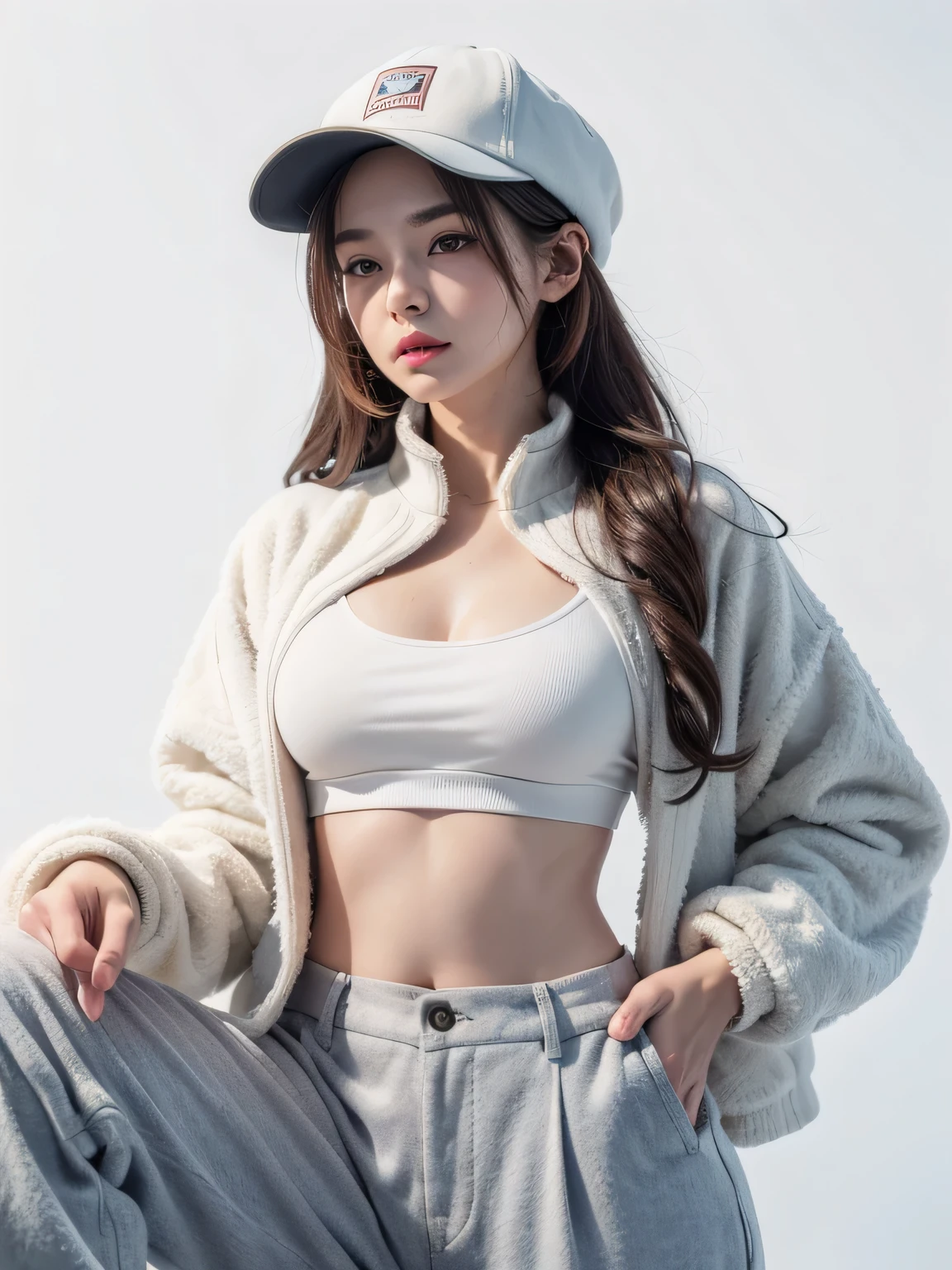 (8k, highest quality, High resolution, RAW photo, masterpiece :1.3), beautiful and stylish adult woman, long face, ((pure white background)), (fleece jacket, Sukesuke bra, wide pants, have), ((Accurately express details such as faces and skin textures)), wavy bob hair, take a pose