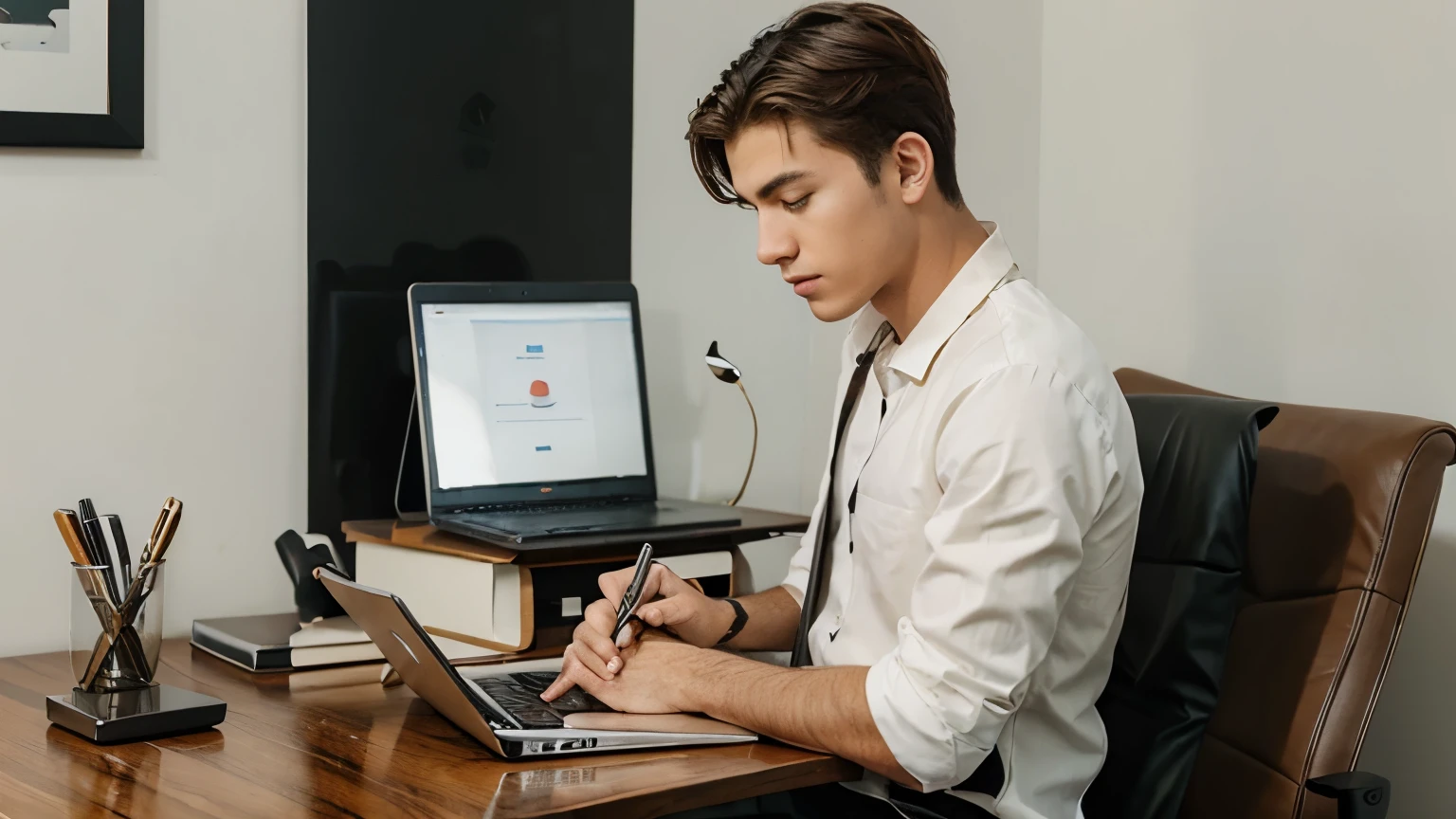 young man sitting on a fancy desk with a pen and a pad as well as a laptop, a cup of coffee, and his cat on his desk.