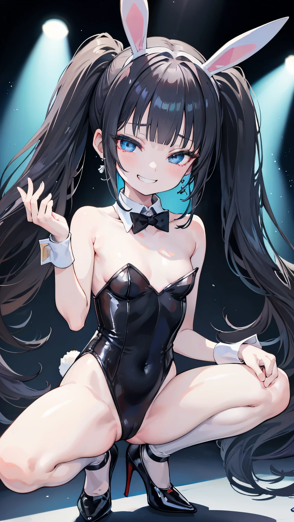 (8K、Highest image quality、highest quality、masterpiece)、detailed face、((one ))、black hair、twintails、blunt bangs、light blue eyes、earrings、evil smile、((grin))、small breasts、((black playboy bunny))、shiny、black high heels、squatting、open legs、stage background