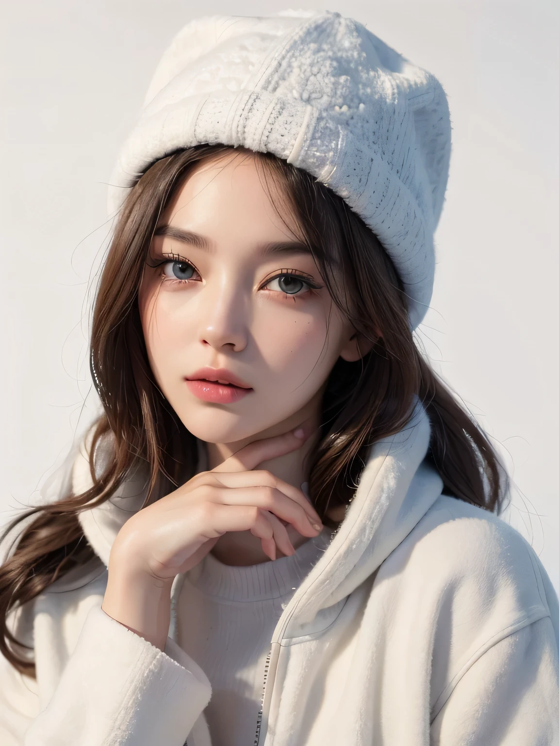 (8k, highest quality, High resolution, RAW photo, masterpiece :1.3), beautiful and stylish adult woman, long face, ((pure white background)), (fleece jacket, underwear, have), ((Accurately express details such as faces and skin textures)), wavy bob hair, take a pose