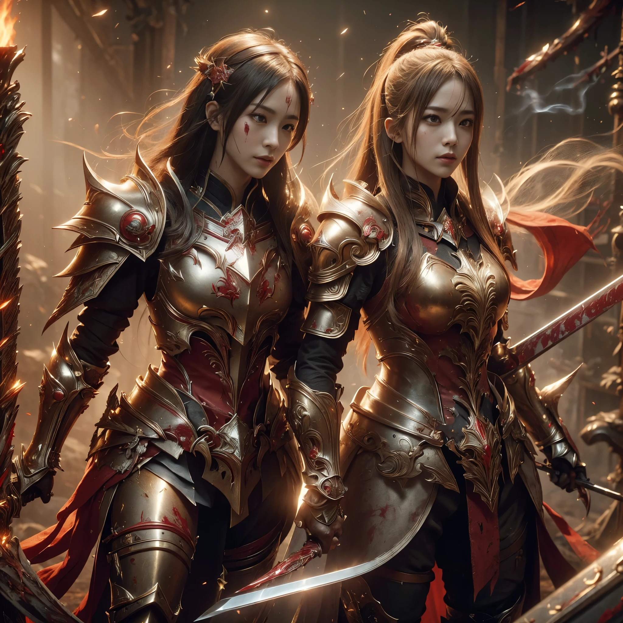 (((Realistic, masterpiece, best quality, crisp detail, high definition, high detail, sharp focus, perfect studio lightning))), 17 years old japanese girl wearing damaged armor, japan style armor, full body armor, full decorated armor, golden armor, long straight hair, dirty, sweating, bloodstained face, blood scattered armor, bloodbath, carnage, swinging long blood scattered sword against cursed warriors, an epic war, fire everywhere, smoke everywhere, blood everywhere, death everywhere, japan edo period, brutal battle background
