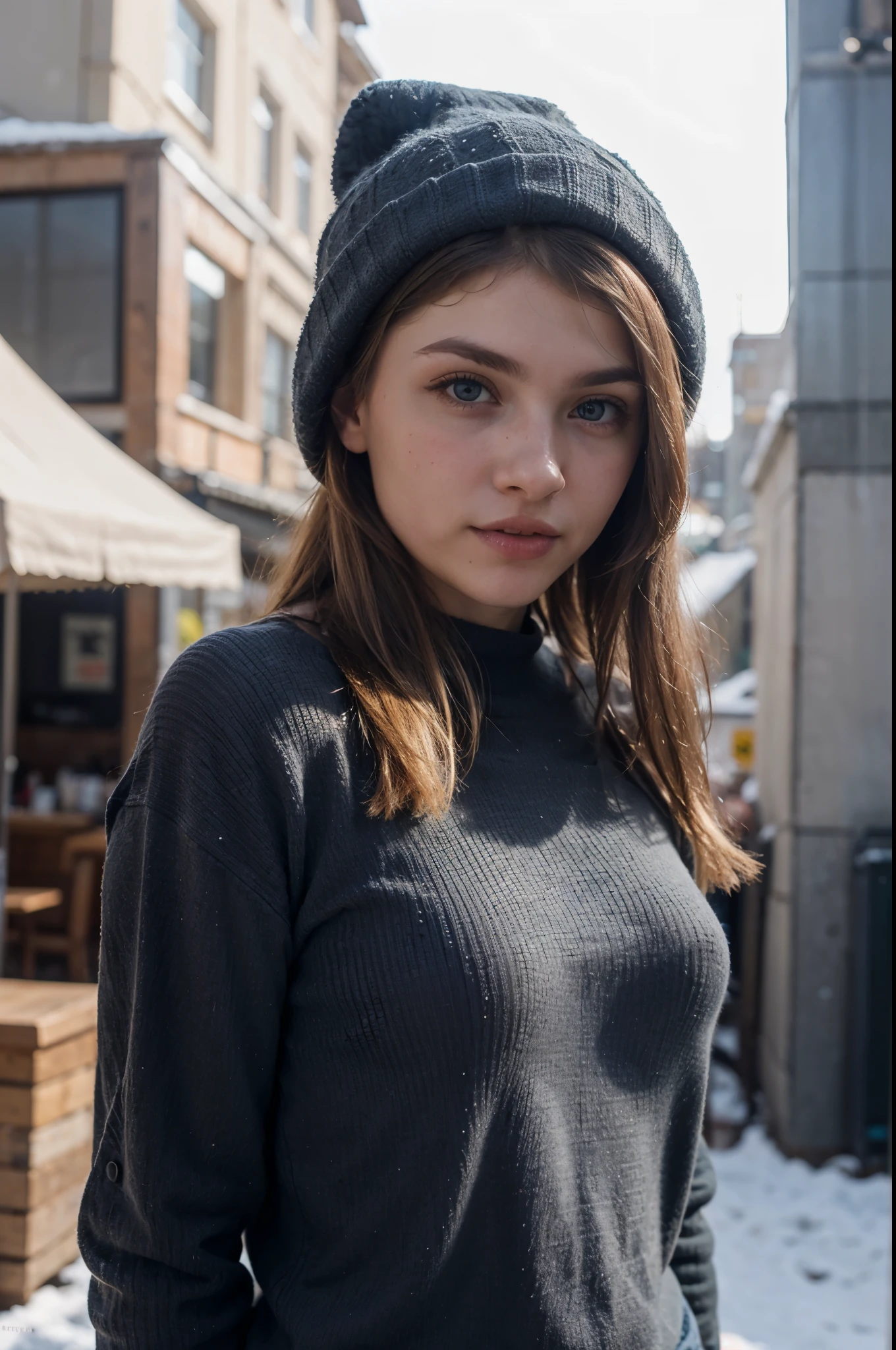 Extremely realistic blonde Russian girl with blonde hair and grey eyes, wearing a blue jumper, blue winter hat, entire body, looking at the camera beautiful succubus, grey eyes, ((derevschikova:1.5)), beautiful alluring , perfect nose, ultra beautiful, with her long, perfect beautiful, realistic , epic beautiful, 8k, fuji xt3, not cropped, premium wide open city ” busty dd cup bra