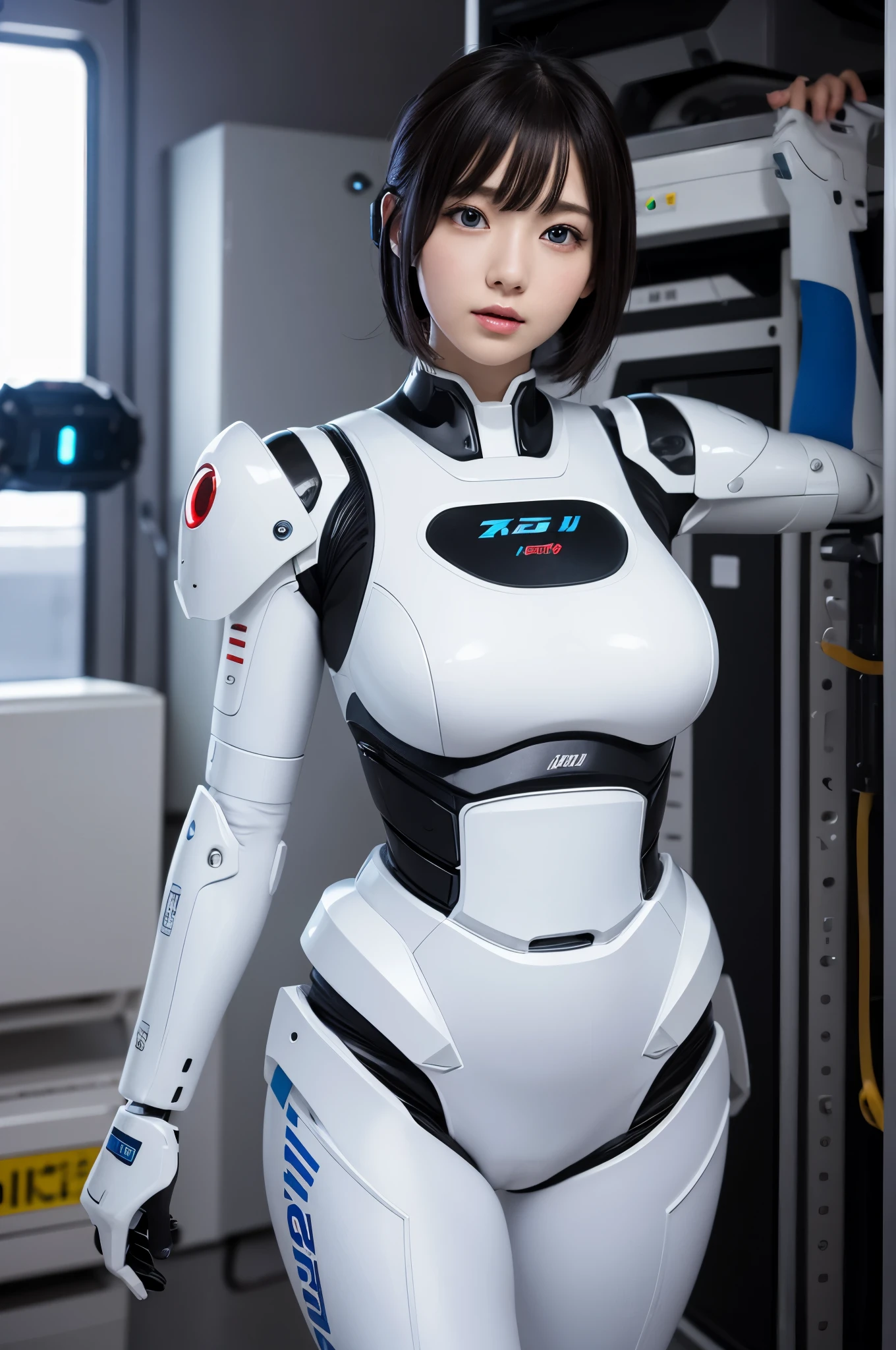 masterpiece, best quality, extremely detailed, Japanese android girl,Plump ,control panels,robot arms,robot,android,cyborg,white robot body,blunt bangs,robot repair plant,skinny pants,boots,blue eyes