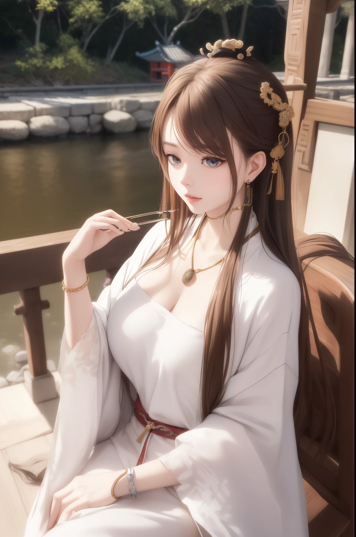 upper body, oil painting, masterpiece, best quality, highres, long brown hair, jewelry hairpin, large breast,riverside and rock or temple or bridge, extremely clothes, sitting, (song Dynasty, song clothing:1.2),
