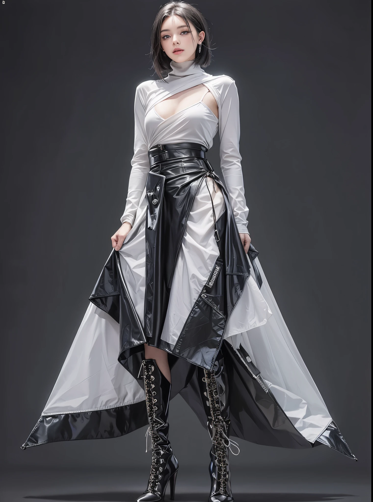 (Realistic:1.2), (fashion portrait:1.6), (brand collection, fashion brand theme:1.6), (detailed, beautiful, masterpiece, best quality:1.2), _ BREAK (1girl:1.2), 22 years old, 160 cm, Japanese cute model, Tightened all body, medium Breasts, small head, small face, diamond Face, small nose, Sharp Faceline, Detailed face, Detailed eyes, young hands and fingers, beautiful hands and fingers, five fingers, _ BREAK (happy, smile, Glossy Lips:1.3), (Light color lips, Half open mouth, beautiful Teeth:1.2), (dropy eyes, Double eyelid, light color eyes, Shiny eyes:1.5), Shiny skin, _ BREAK (arranged hairstyle:1.4), (gray hair, shiny hair, _ BREAK (gray background:1.4), mist, fog:1.4), _ BREAK (wide angle:1.4), (sitting, fashion model pose:1.2), focus face, from below, BREAK (Cyberpunk and wool fusion:1.3), ((wear an oversized black wool turtleneck with rubberized surface) for a luxurious, futuristic, bodysuit, High legs, and warm feel:1.2), (large sleeves:1.2), (7/8 length:1.2), (simple yet cyberpunk-themed design:1.3), BREAK (black and White theme:1.3), (Low rise pants with a black subtle reflective pattern:1.2), (Low rise long skirt:1.4), (Thick sole technical High Sneaker with sleek metal details:1.2), (edgy and versatile:1.2),(Long drooping silver earrings:1.4),