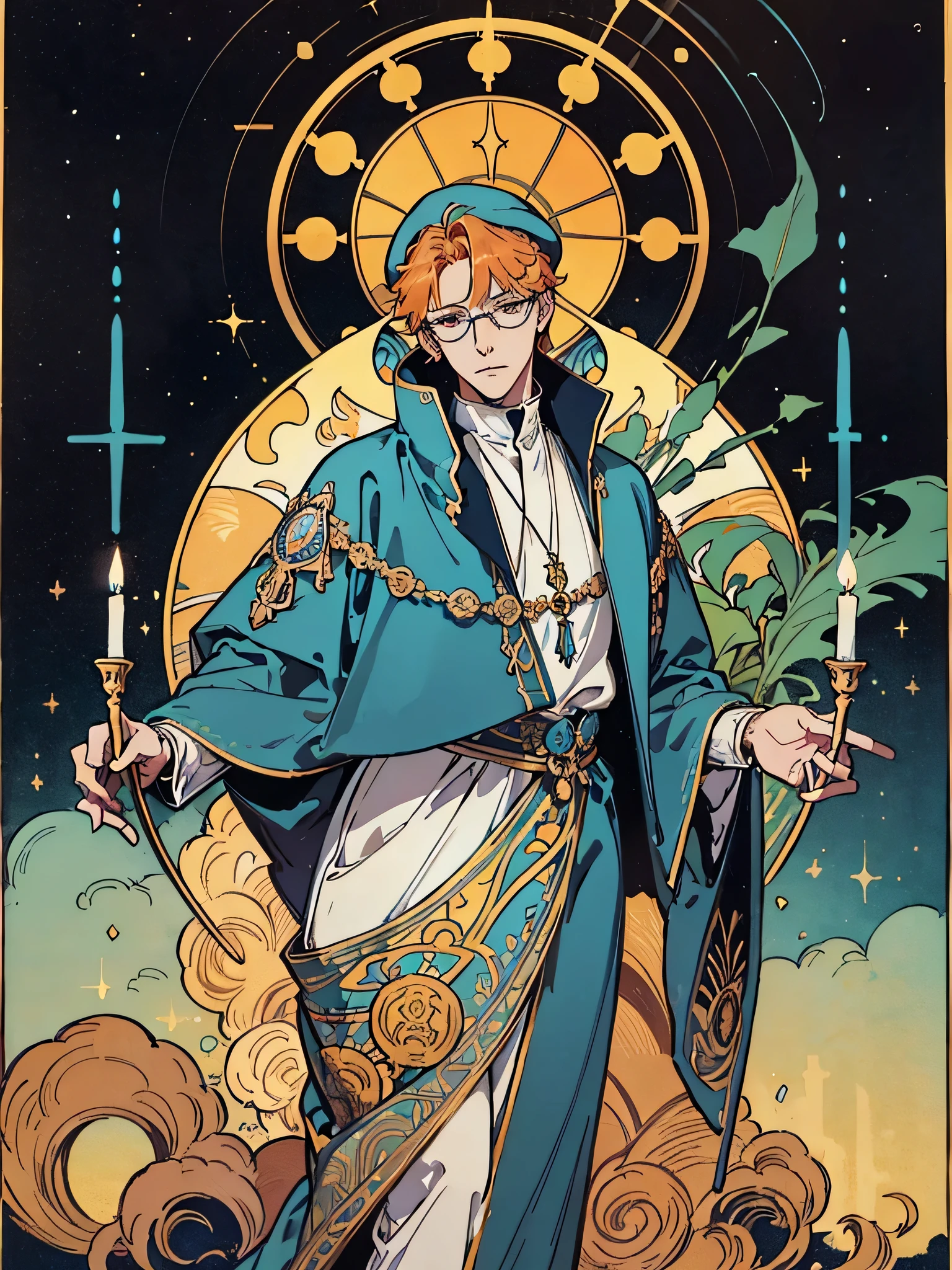 (Flat color:1.1),(Colorful:1.3),(Masterpiece:1.2), tarot: Priest, Best quality, Masterpiece, Original, 1 male, orange hair, round gold glasses, white goatee, a priest, blue robes, blue cap,Full body photo of men,Very detailed wallpaper,Solo,Blue starry sky,tarot card layout,Best quality, Masterpiece, (Realistic:0.6), Realistic lighting,Flower frame, Decorative panels, abstract artistic, Alphonse Mucha (tmasterpiece, best qualtiy, A high resolution: 1.4), A detailed, Complicated details, 4K,cerulean, Line art, Fibonacci