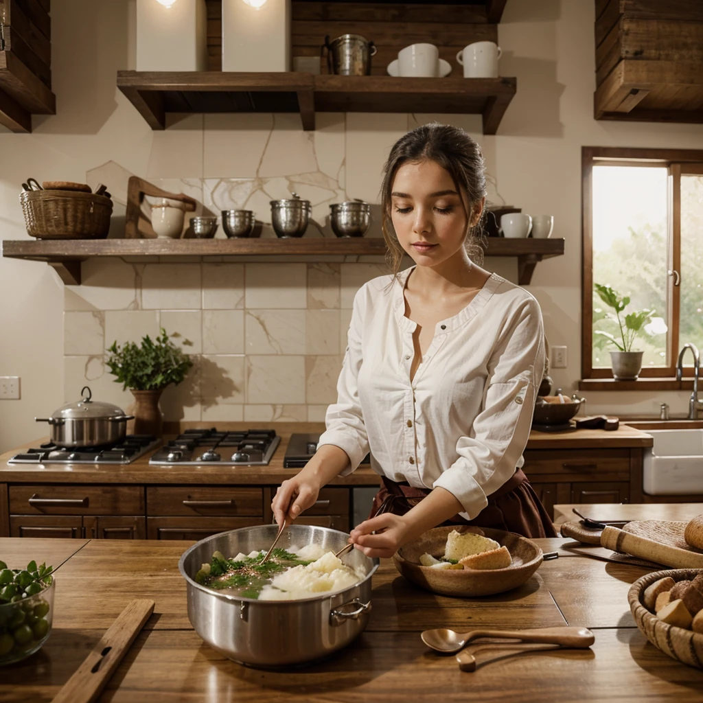 Capture the magic of a picturesque scene in a dreamy rustic kitchen, onde uma jovem esposa de origem galesa-australiana prepara uma receita especial. Num ambiente bem equipado e cheio de charme, ela mistura delicadamente um pequeno pote de molho, bringing your culinary creation to life. The young woman&#39;s beauty is incomparable, with perfect features and a face that exudes an aura of serenity and grace. Dressed in traditional costumes that add a touch of authenticity to the scene, she personifies elegance and tradition. Every detail of this image is a celebration of the harmony between natural beauty and enchanting surroundings., inviting the viewer to get lost in the magic of this unique moment in the kitchen , fotografia mais perto do rosto 