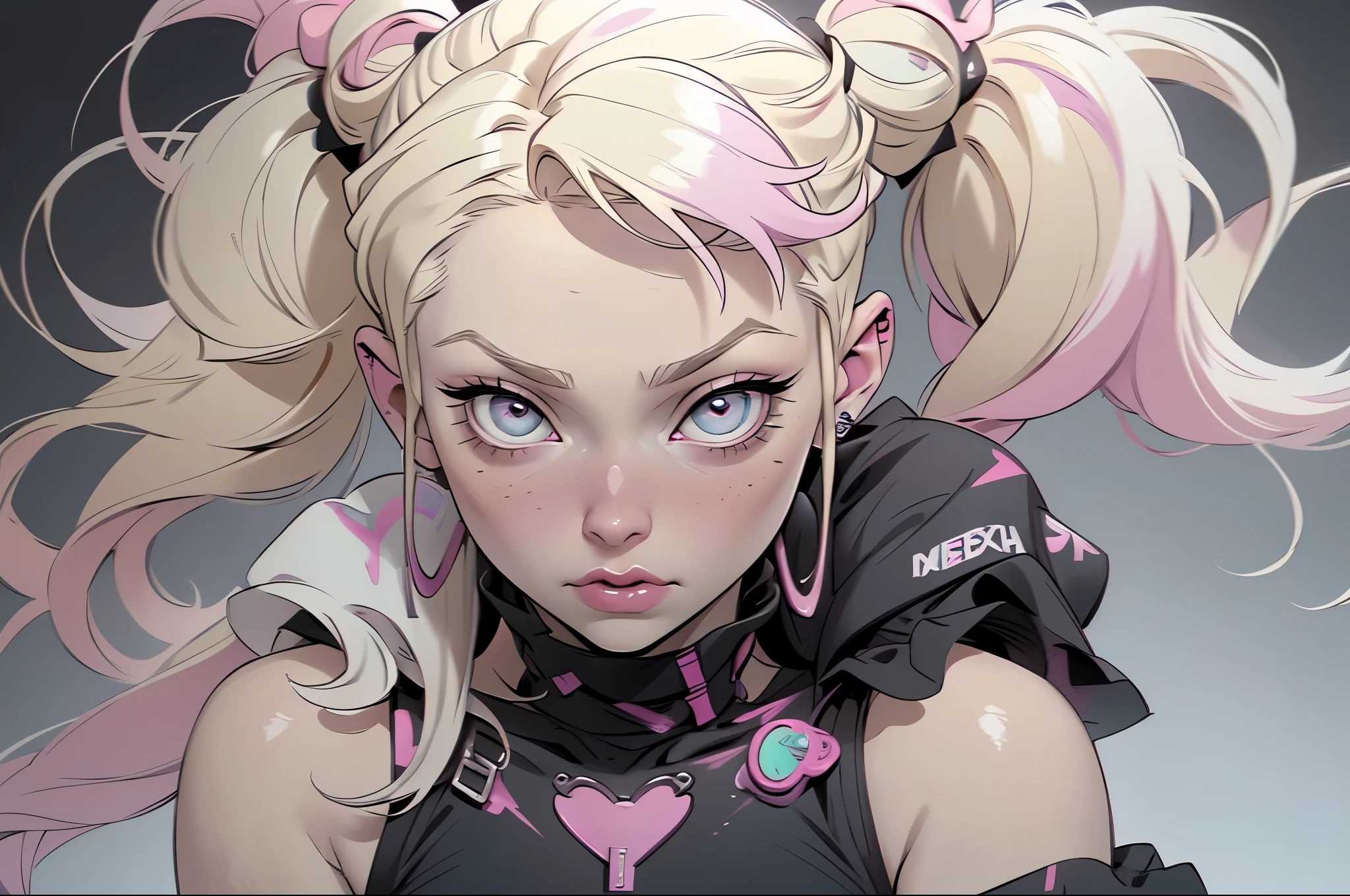 a close up of a person with a pink hair and a black shirt, pastel goth aesthetic, goth girl aesthetic, pastel goth, blond hair with pigtails, pigtails hairstyle, two pigtails hairstyle, extremely pale blond hair, she looks like a mix of grimes, pale goth beauty, blonde hair and large eyes, messy curly pastel hair, cute face. dark fantasy