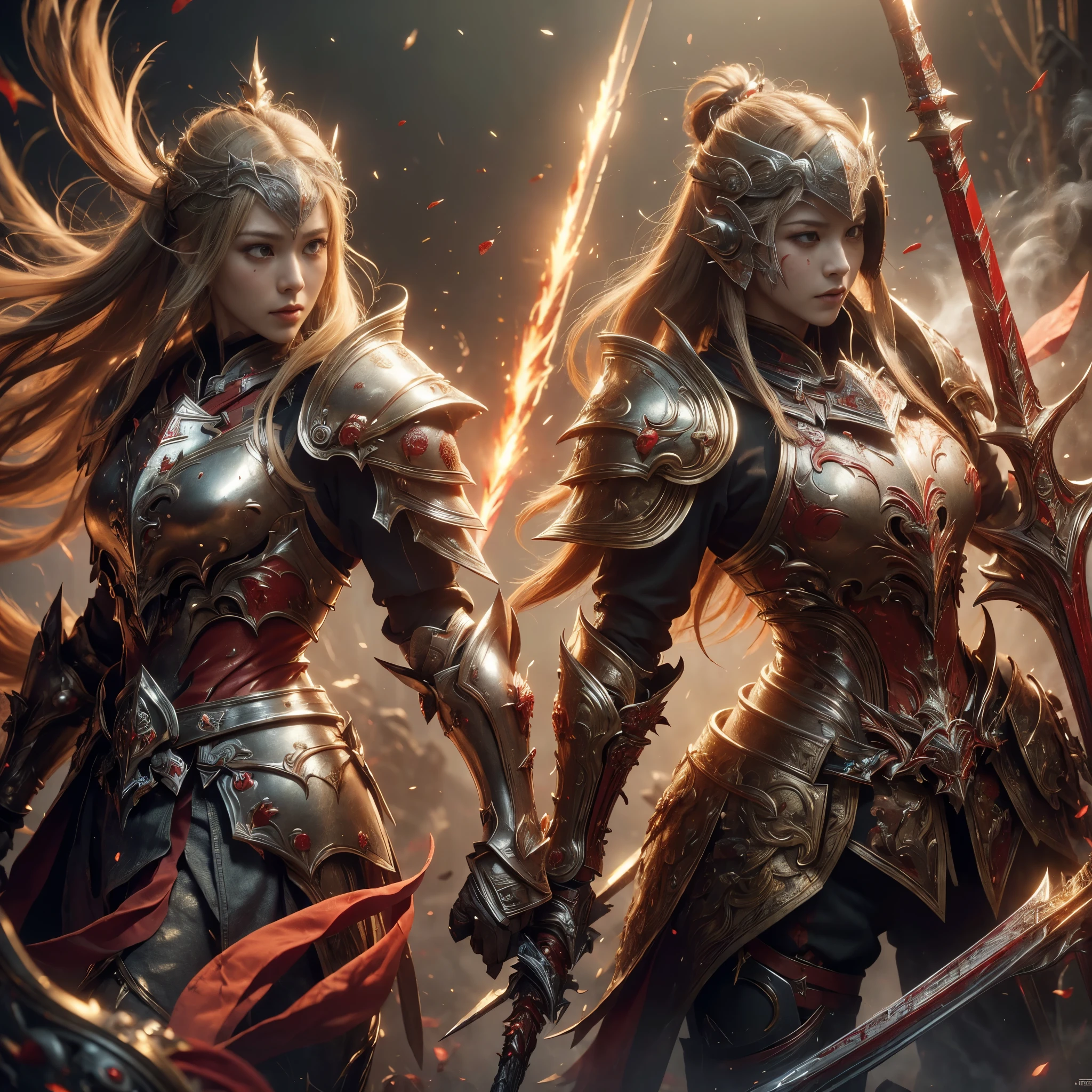 (((Realistic, masterpiece, best quality, crisp detail, high definition, high detail, sharp focus, perfect studio lightning))), 17 years old japanese girl wearing damaged armor, japan style armor, full body armor, full decorated armor, golden armor, long straight hair, dirty, sweating, bloodstained face, blood scattered armor, bloodbath, carnage, swinging long blood scattered sword against cursed warriors, an epic war, fire everywhere, smoke everywhere, blood everywhere, death everywhere, japan edo period, brutal battle background