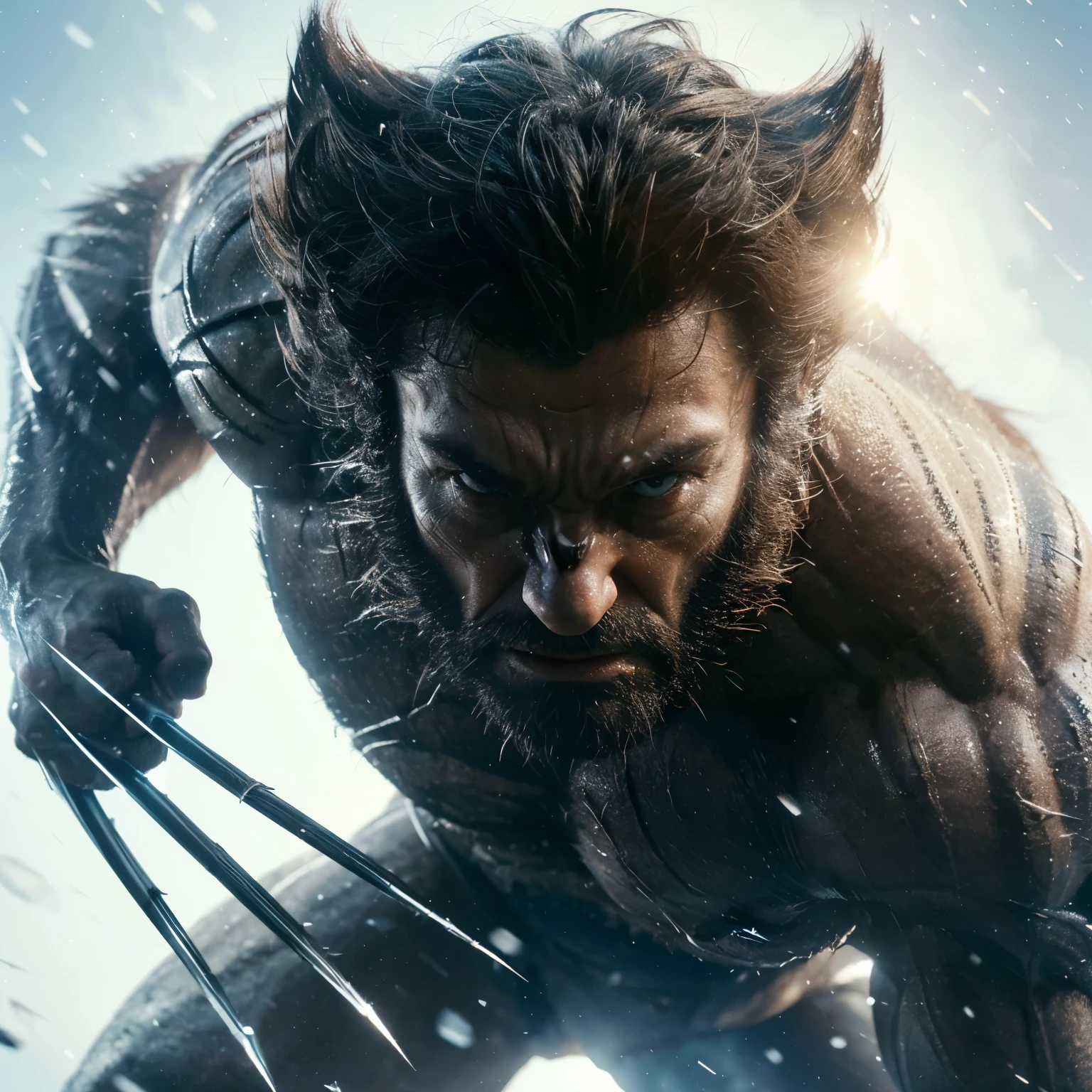 surreal Wolverine, close up (detailed stunning environment), dynamic pose, cinematic, cover art, (low front angle), white background, highly detailed, smooth, sharp focus, cinematic lighting, atmospheric, photoreal, 8k, Canon EF 200-400mm f/4L IS USM Extender 1. 4x Lens, stan Winston studio. Hyper fidelity. 