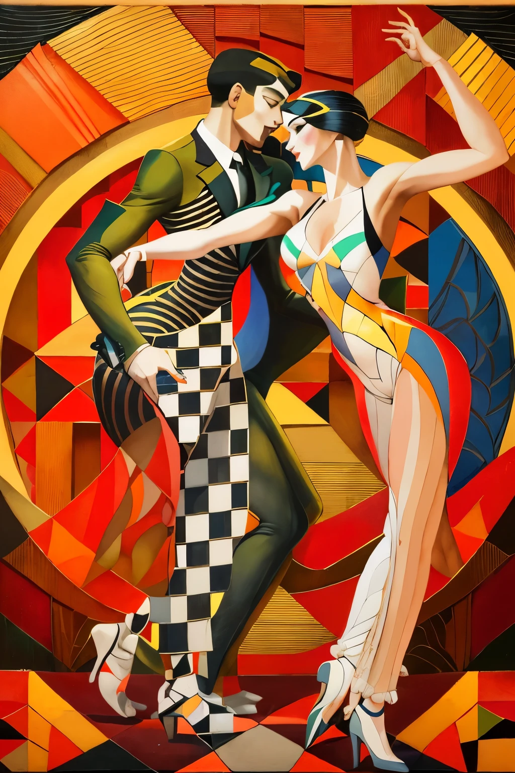 a painting of a couple dancing in a dance pose, Geórgui Kurasov, por Dahlov Ipcar, por Jean Metzinger, marcel marcel and Metzinger, art deco painting, por Rodolfo Escalera, cubistas adoram, ( ( ( art deco ) ) ), Enoque Bolles, inspirado por Alexander Archipenko, Metzinger