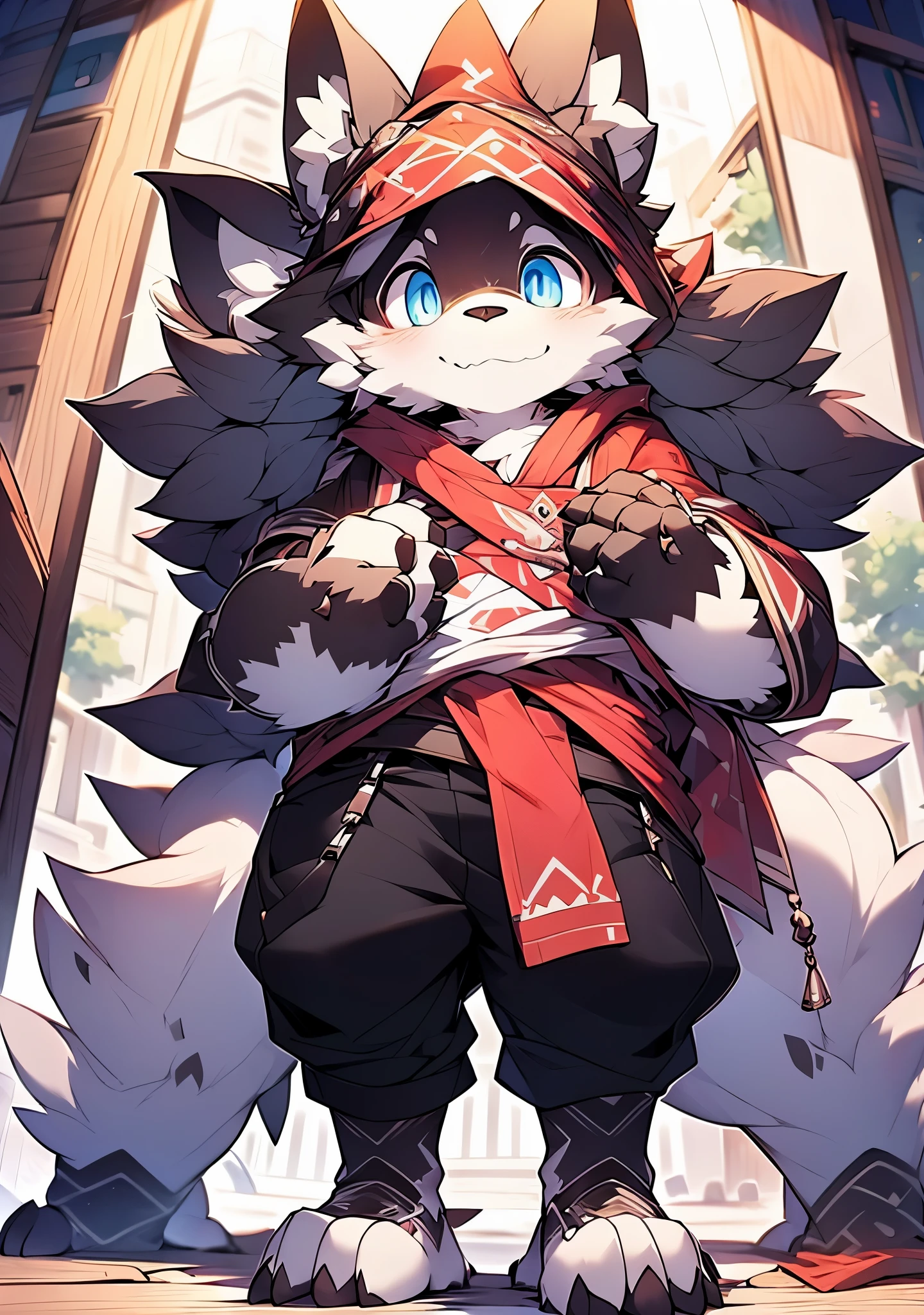 A shy little wolf, Fluffy and large furry ears in black coloring, white and black fur, shy look, Olhos Largos, Usando uma camiseta apertada ao corpo felpudo.. e uma calca cargo larga.