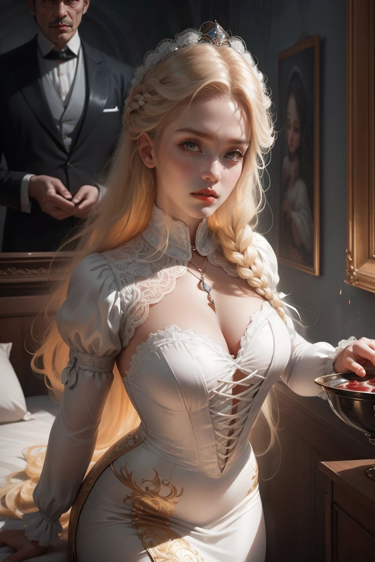 { - anatomy error}(Masterpiece - Ultra-detailed, very high resolution) Prepare to be enchanted by a true masterpiece that combines ultra-detailed art with high-resolution rendering. This work depicts a mesmerizing woman with very long blond hair (1.3) and captivating gray eyes (1.2), emanating an aura of elegance and mystery in Victorian settings. The intricate details and realistic textures invite you to explore every aspect of this enchanting composition. Woman wearing beautiful classic Victorian costume from the year 1878. Red lips. Happy face. Smiling. white (white) dress.Dancing lightly, dynamic poses. Get ready to dive into a world where beauty and craftsmanship merge perfectly.