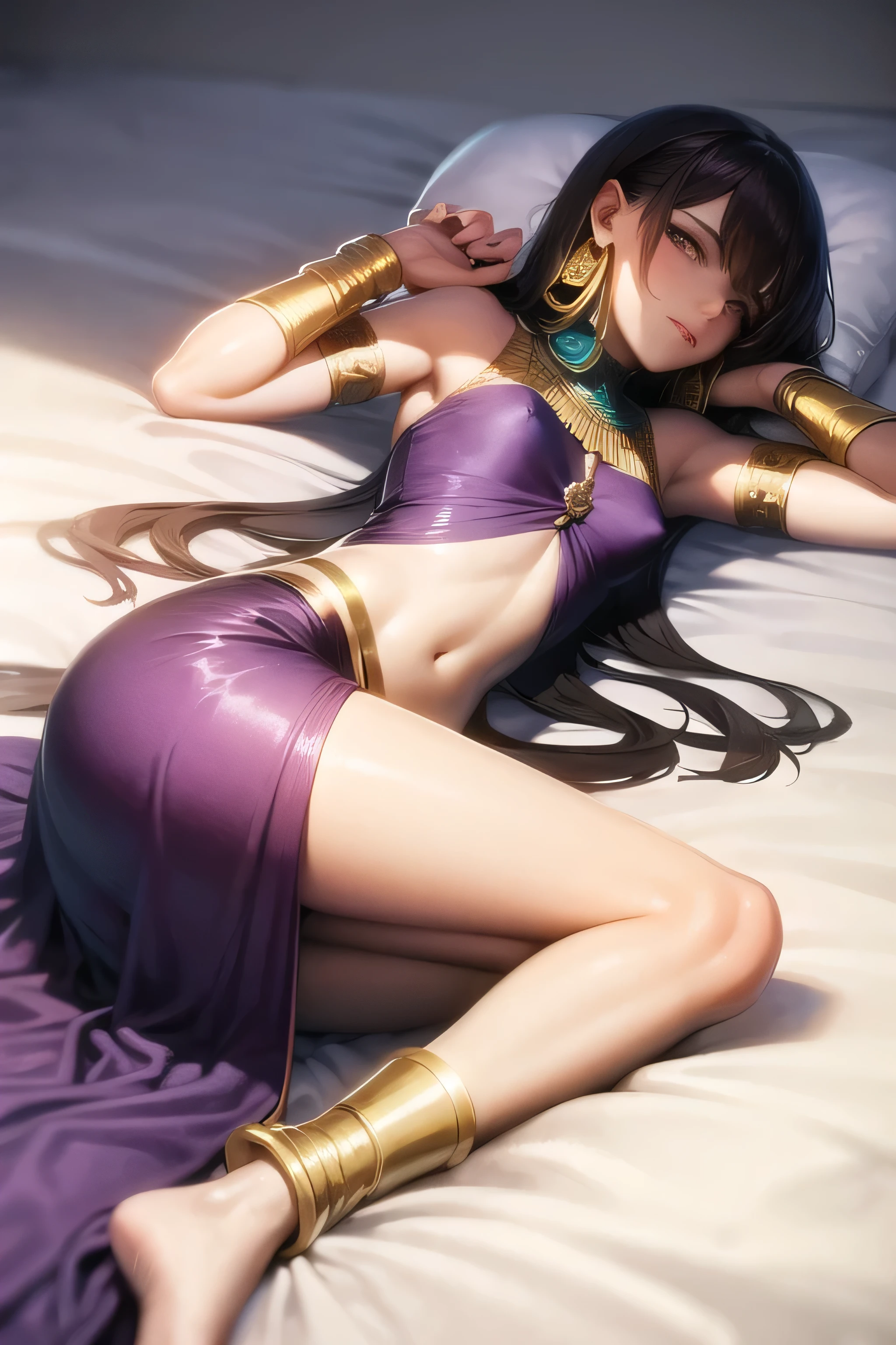 one boy, Egyptian prince, lying on the bed, purple pillows, tassels, rubies, sapphires, long hair, sweet face, gold bracelets and earrings, silks,