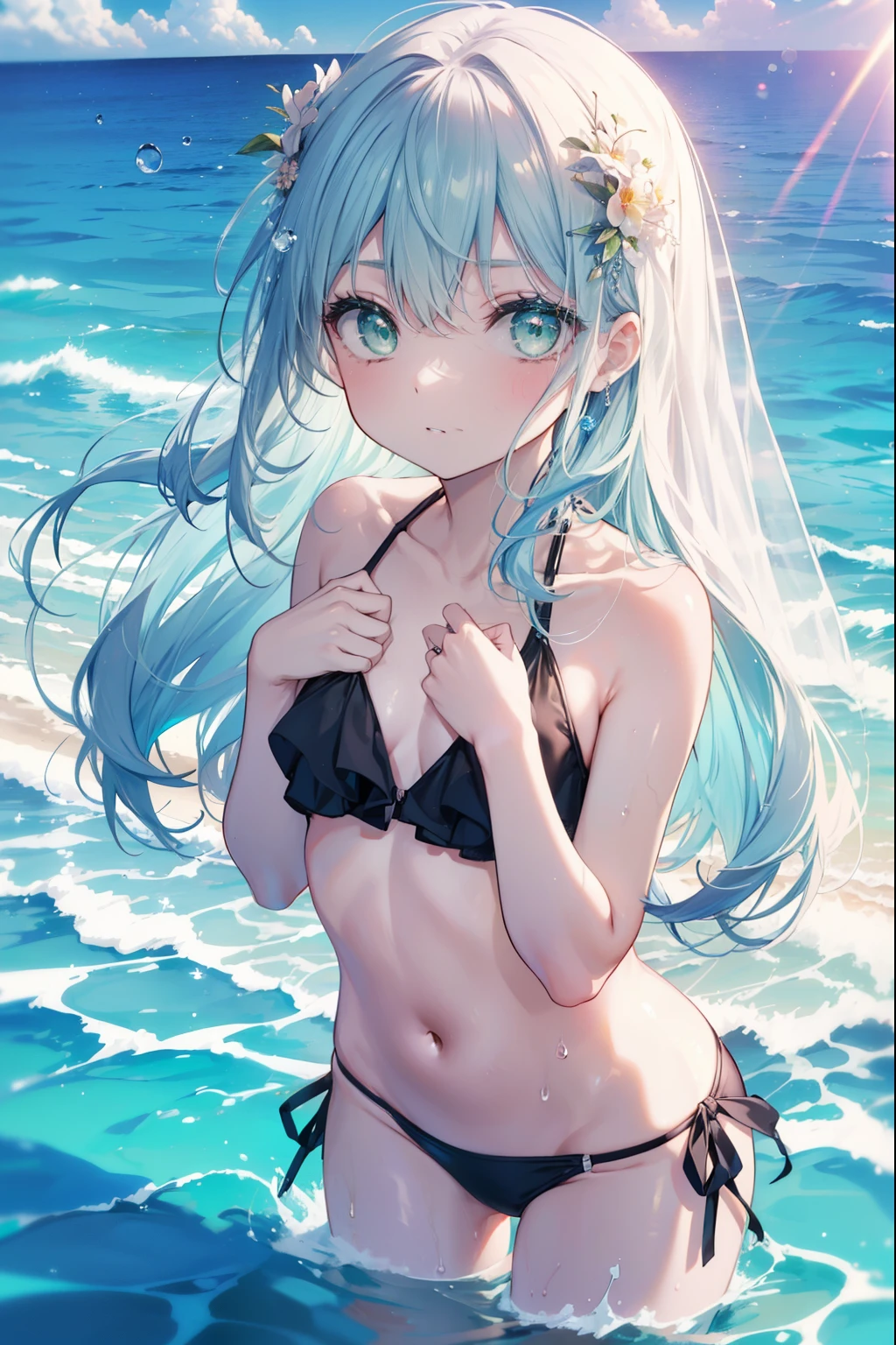index, index, (green eyes:1.5), blue hair, long hair, (flat chest:1.2),in a bikini splashes seawater, Bend over and pour water on the viewer, black bikini, on the beach, 太陽が降り注ぐin the sea, Sunlight is reflecting、light reflection、realistic bikini, in the sea, water droplets、swimsuit, Also, cute bikini, in a bikini, swimsuit, on the beach, medium breasts, swim, in the sea,短い編み込み髪
break looking at viewer, Upper body, whole body,
break outdoors, seaside,sandy beach,
break (masterpiece:1.2), highest quality, High resolution, unity 8k wallpaper, (figure:0.8), (detailed and beautiful eyes:1.6), highly detailed face, perfect lighting, Very detailed CG, (perfect hands, perfect anatomy),