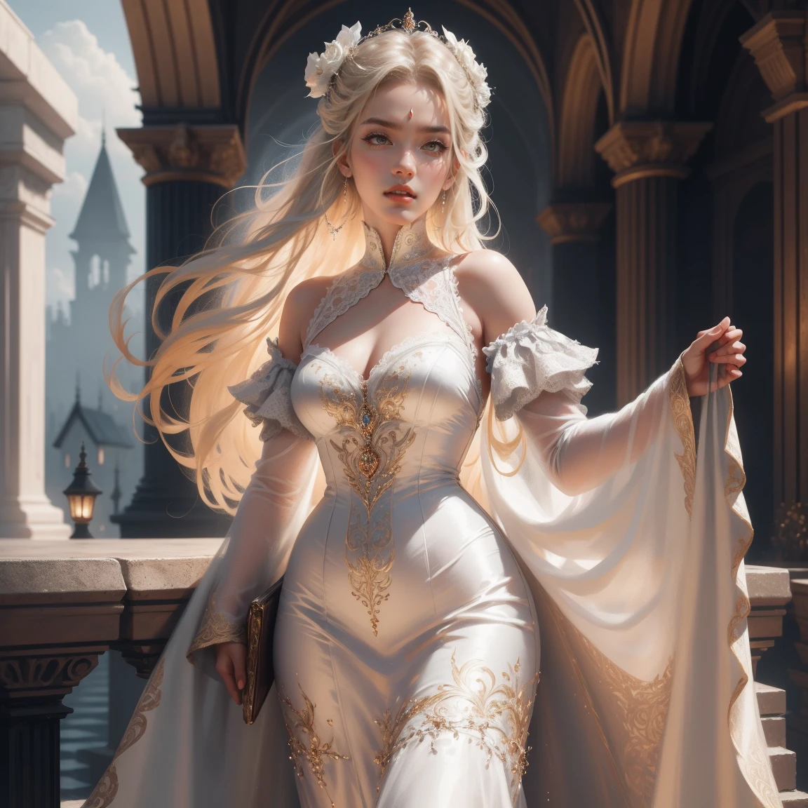 { - anatomy error}(Masterpiece - Ultra-detailed, very high resolution) Prepare to be enchanted by a true masterpiece that combines ultra-detailed art with high-resolution rendering. This work depicts a mesmerizing woman with very long blond hair (1.3) and captivating gray eyes (1.2), emanating an aura of elegance and mystery in Victorian settings. The intricate details and realistic textures invite you to explore every aspect of this enchanting composition. Woman wearing beautiful classic Victorian costume from the year 1878. Red lips. Happy face. Smiling. white (white) dress. Walking, backwards, looking back, dynamic poses. Get ready to dive into a world where beauty and craftsmanship merge perfectly.