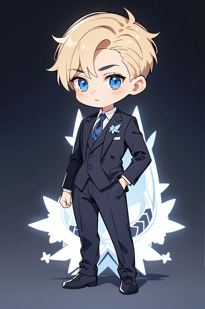 concept art, original character design, Q version character, alone, 1 boy, male focus, blue eyes, shirt, tie, white background, pants, Little, blue tie, Jacket, black pants, simple background, black Jacket, white shirt, Virtual YouTuber, blonde hair, whole body, collared shirt, closed mouth, blush, looking at the viewer, formal, long sleeve, suit, bangs, Are standing, striped, vest, striped tie, shoes,