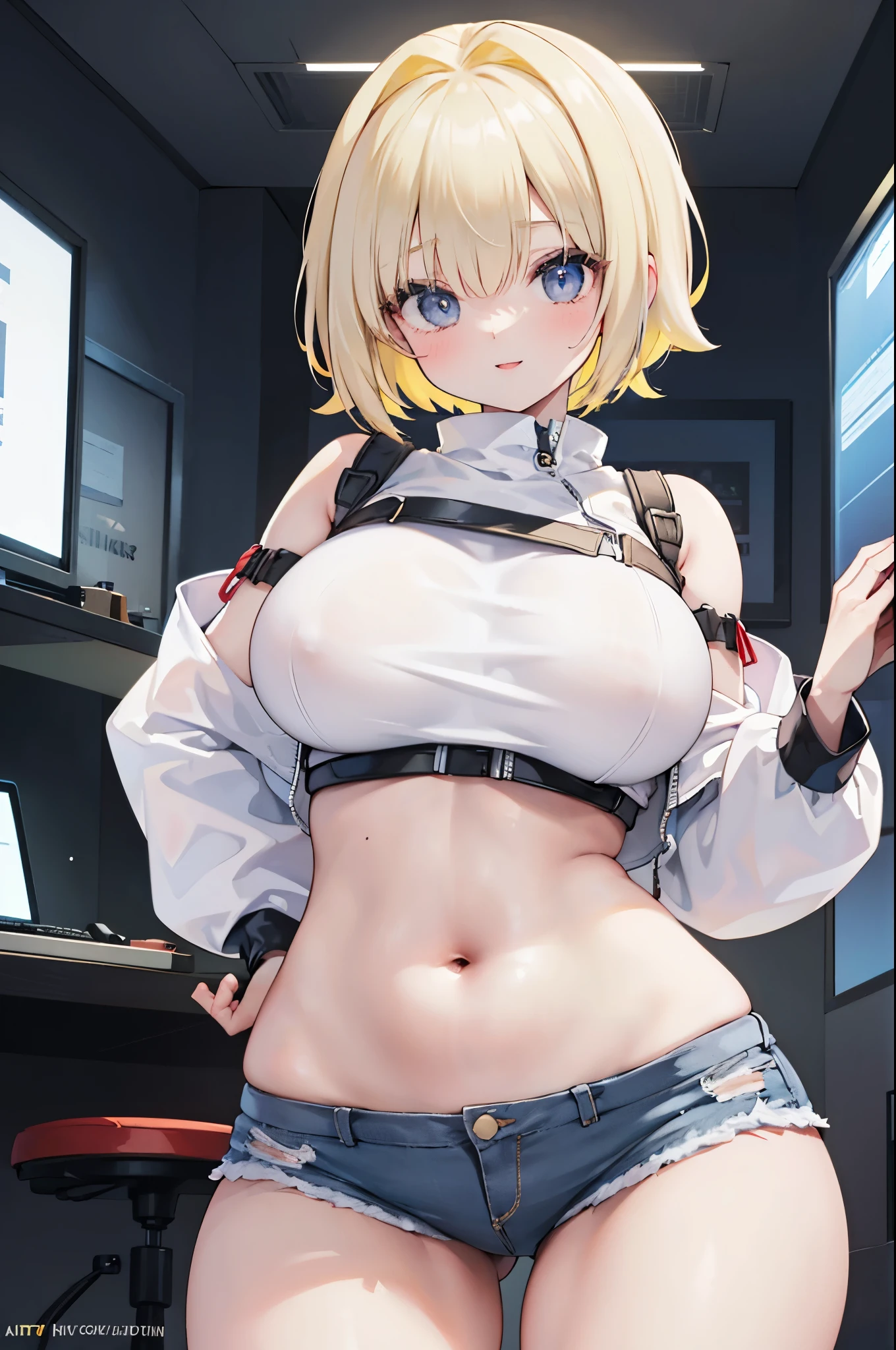 realistic image, coherent image, detailed image, 1 beautiful girl. She has short hair, blonde hair, bangs that cover her eyes. Her eyes are purple, long eyelashes. Her face is oval and delicate, smiling. She is wearing a long-sleeved top, showing her navel, and jean shorts. She has a curvy body, big breasts, thick thighs, sneakers. she pose sexy. Background of neon lights, surrounded by gamer computers, natural lighting, volumetric lighting
