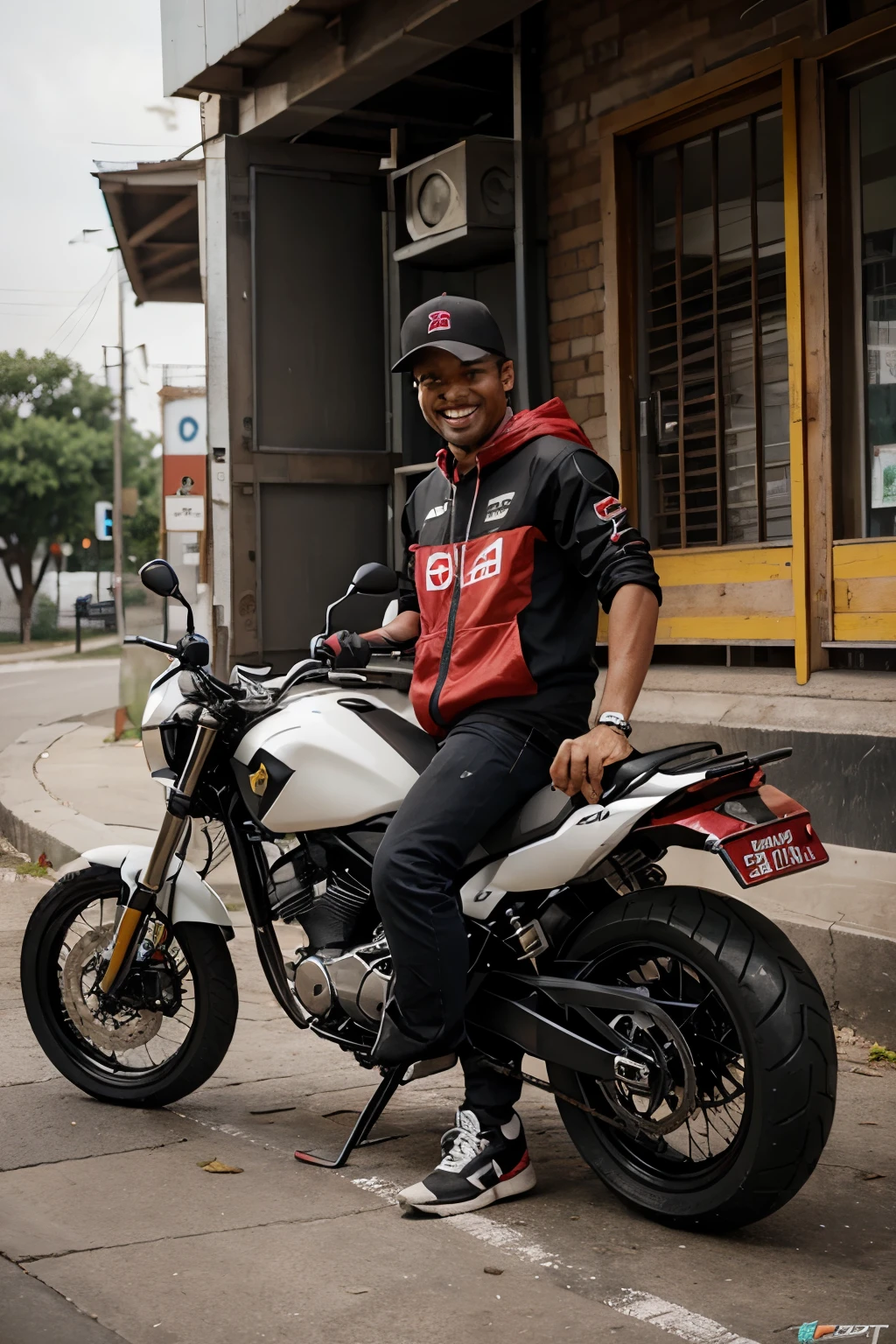 Motocycle delivery guy is so happy for win a new moto and money