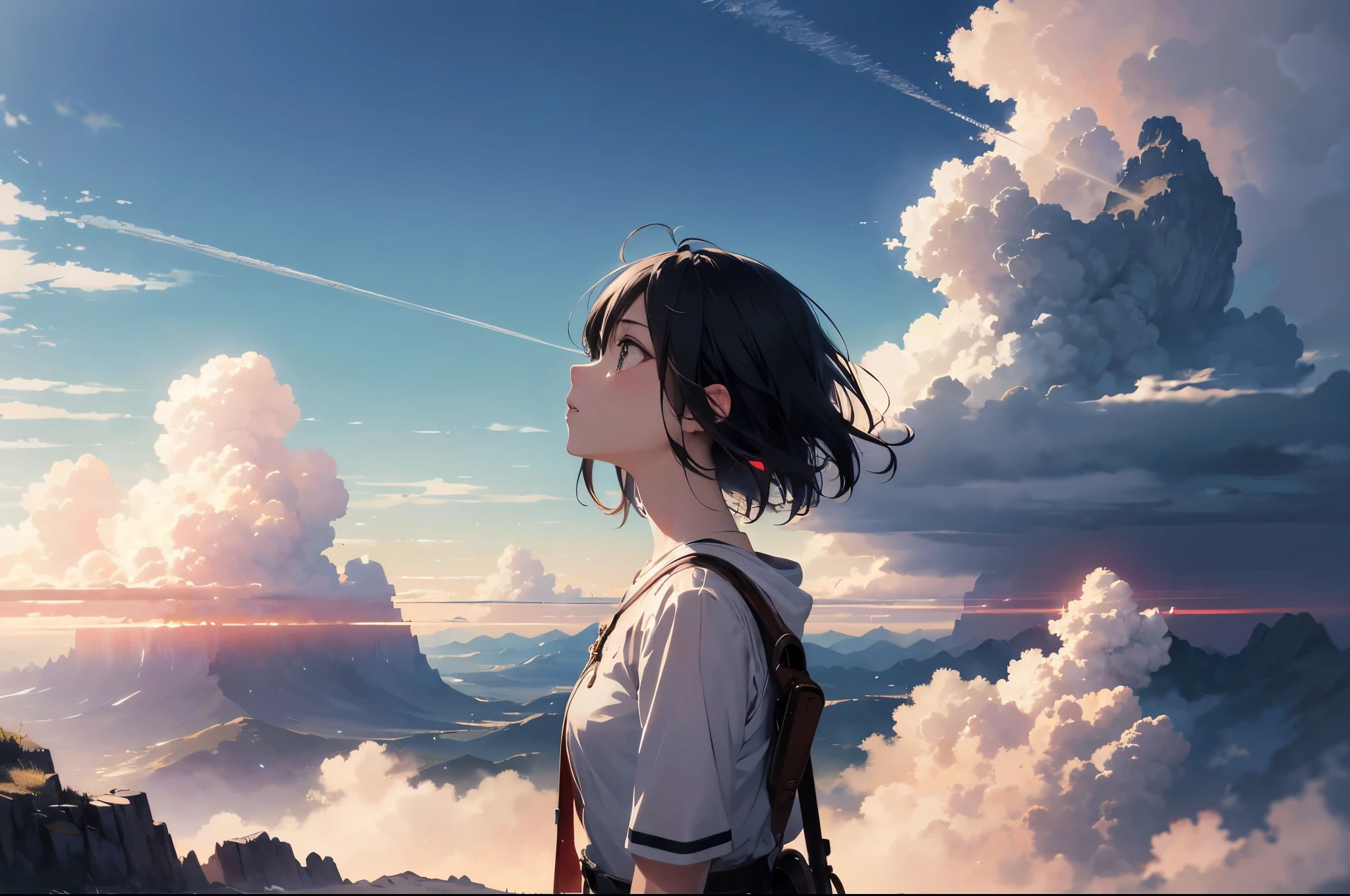 absurdres, highres, (official art, beautiful and aesthetic:1.2), close view,
shining sky, vast world, girl, gazing, awe-inspiring expression, distant horizon, clouds, high hill, natural beauty, inspiration, light effects,