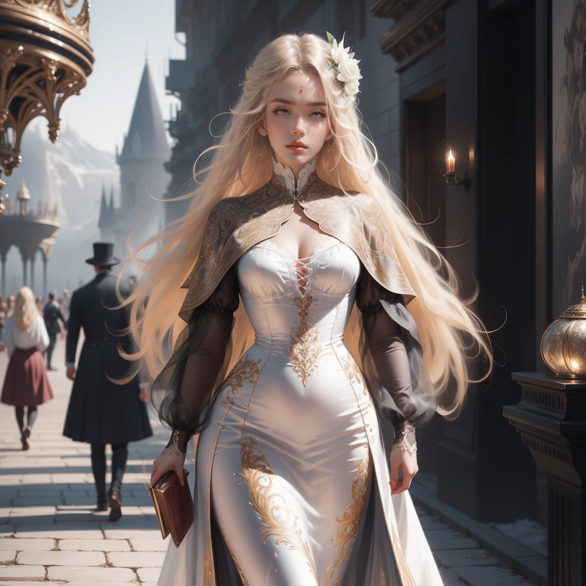 { - anatomy error}(Masterpiece - Ultra-detailed, very high resolution) Prepare to be enchanted by a true masterpiece that combines ultra-detailed art with high-resolution rendering. This work depicts a mesmerizing woman with very long blond hair (1.3) and captivating gray eyes (1.2), emanating an aura of elegance and mystery in Victorian settings. The intricate details and realistic textures invite you to explore every aspect of this enchanting composition. Woman wearing beautiful classic Victorian costume from the year 1878. Red lips. Happy face. Smiling. white (white) dress. Walking, backwards, looking back, dynamic poses. Get ready to dive into a world where beauty and craftsmanship merge perfectly.