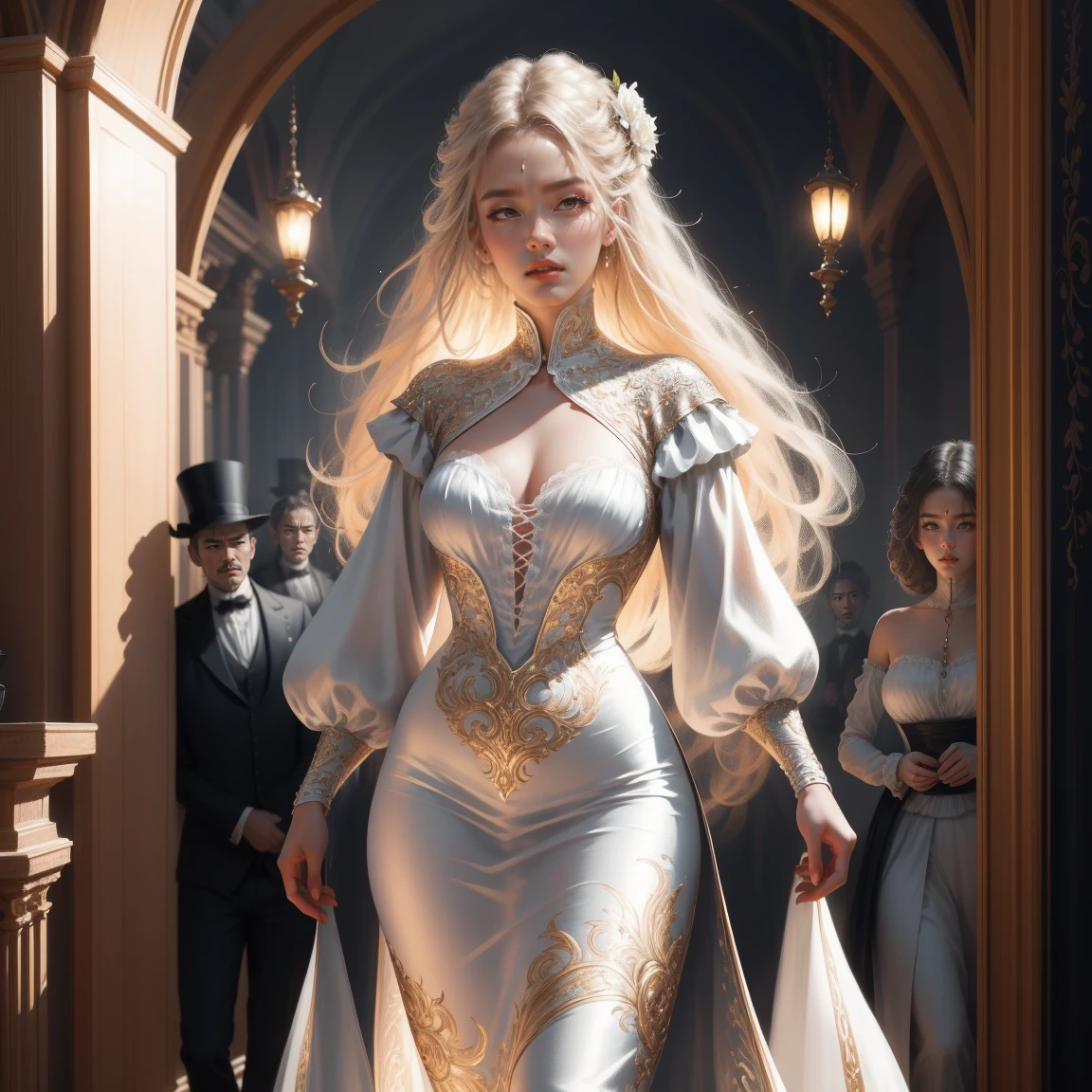 { - anatomy error}(Masterpiece - Ultra-detailed, very high resolution) Prepare to be enchanted by a true masterpiece that combines ultra-detailed art with high-resolution rendering. This work depicts a mesmerizing woman with very long blond hair (1.3) and captivating gray eyes (1.2), emanating an aura of elegance and mystery in Victorian settings. The intricate details and realistic textures invite you to explore every aspect of this enchanting composition. Woman wearing beautiful classic Victorian costume from the year 1878. Red lips. Happy face. Smiling. white (white) dress. Walking, backwards, looking back, dynamic poses. Get ready to dive into a world where beauty and craftsmanship merge perfectly.
