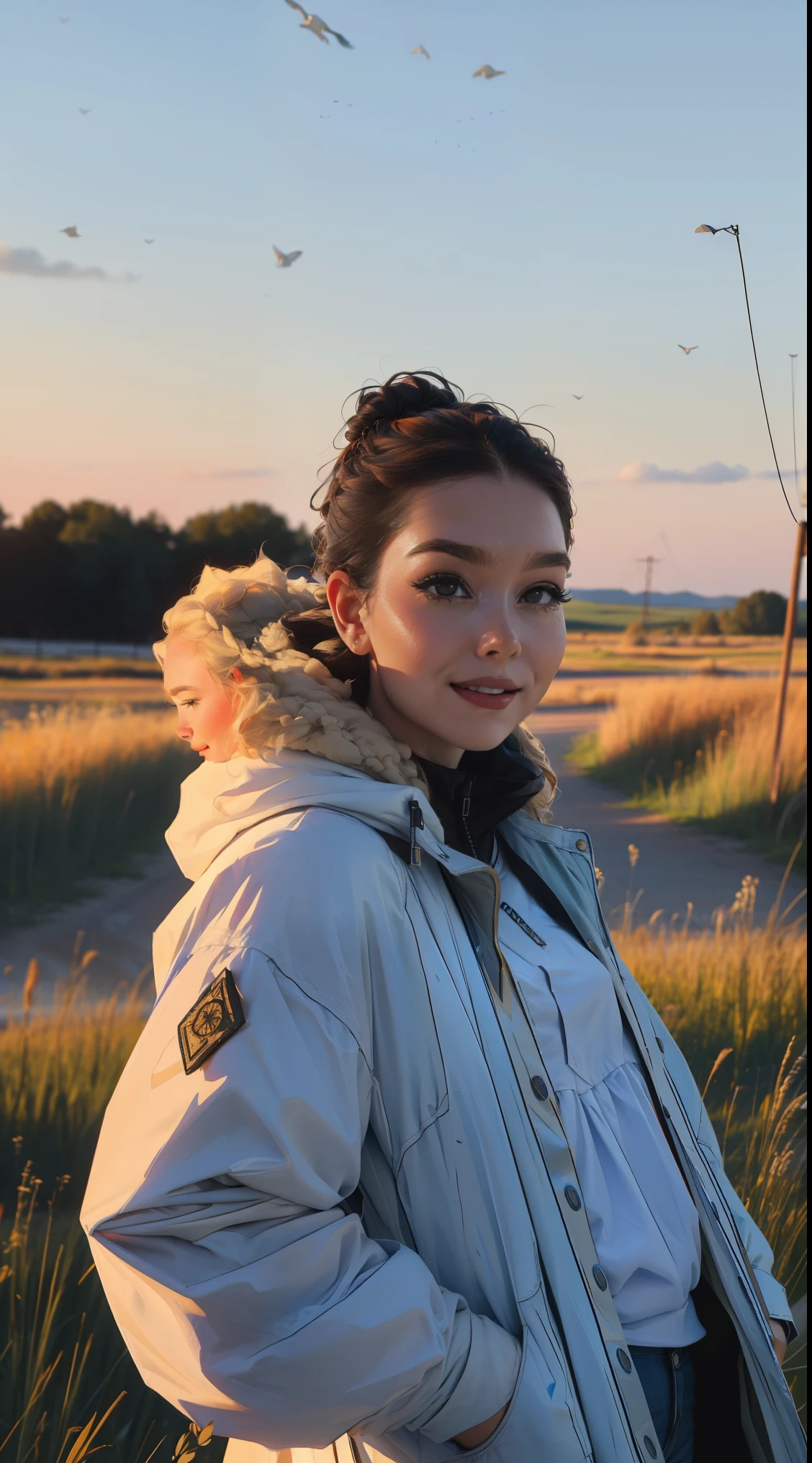 Le vaste ciel, La belle ligne d&#39;horizon, les grandes prairies, Extremely tense and dramatic images, Les effets visuels en mouvement, the high Polaris and the natural colored light. Long-sleeved top, short en jean et une fille avec un sac à dos.

 Sourire à pleine dent, Cheveux très blancs et coloreds 🌈, Une belle fille, UHD (Ultrun Detunils) RegUNrder le spectateur en tenue de ville de style hip-hop, different, colored, long, dark garments, Dust&#39;étoiles blUNnche sur les pUNrties sombres, debarrasse, Resolution hUNue, ultra-détunille, (1fille : 1.3), colors éclUNntUNntes, flou artistique, light leaks, Ambiance onirique