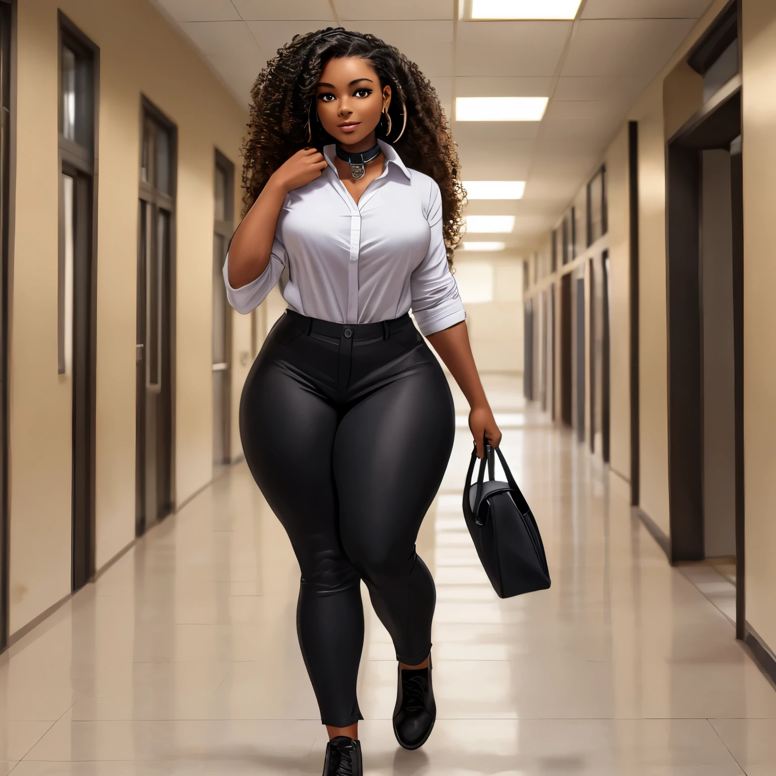 Beautiful brown skin girl wearing tight black pants and a white collar shirt with some unbuttoned, she is walking in a school hallway, she is shirt short and curvaceous with big thighs and a big butt, she has brown long very curly hair