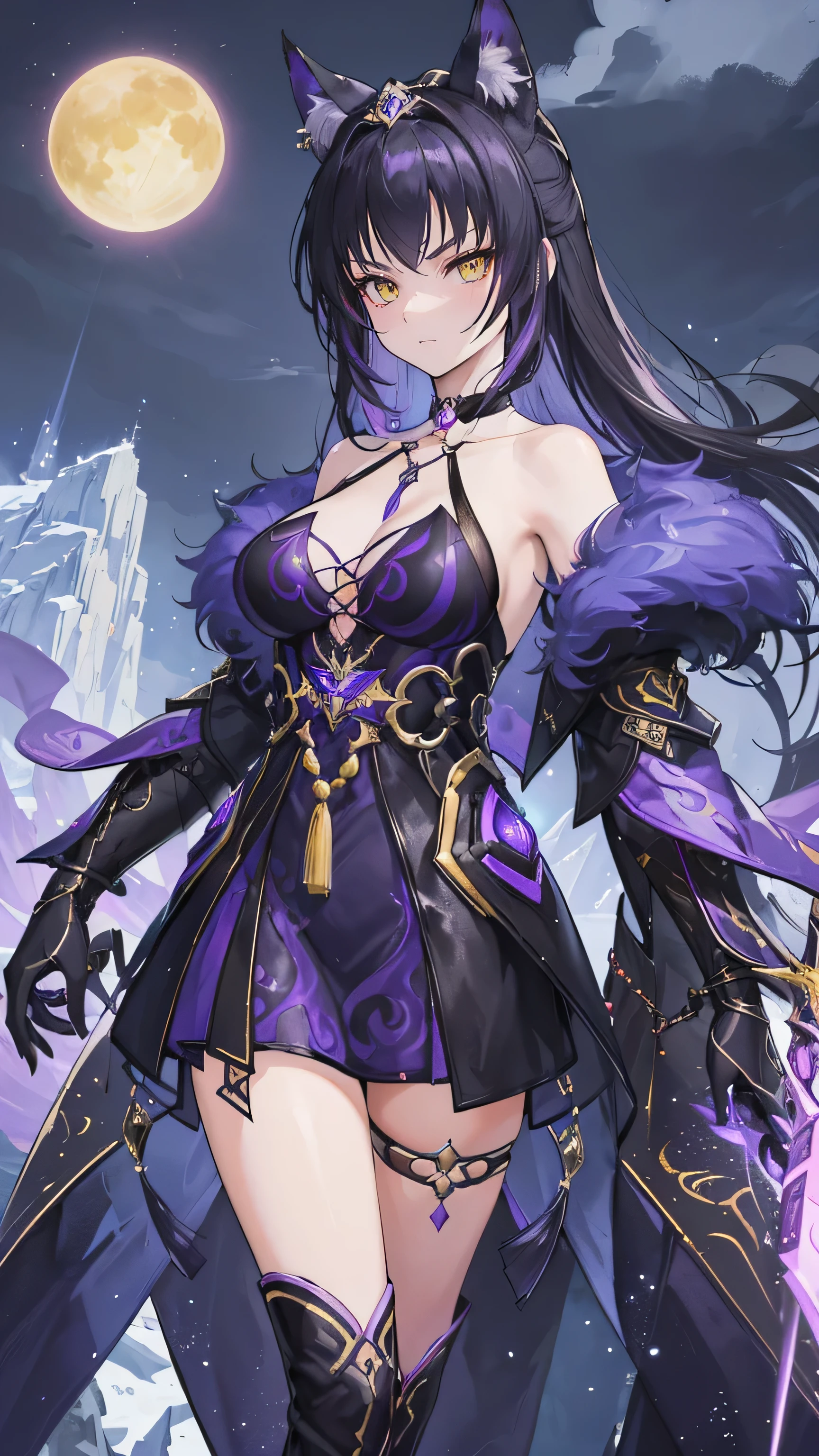 (((Tessa, the Vixen from naraka bladepoint game))), with flowing ((black purple hair)) and ((purple fox-ear ornaments)), wearing a dark purple dress revealiang her pretty legs wielding her dual short swords in a combat stance.
Tessa, the Vixen, with a playful smirk, her eyes sparkling, standing amidst a bustling market, her black dar purple hair flowing freely.
Tessa, the Vixen, with a calculating expression, her eyes narrowed, her hand resting on the hilt of her sword, a snowy mountain peak with the Temple of Arise in the distance.Tessa, the Vixen from Naraka Bladepoint, in a dynamic pose mid-air, wielding her frost-infused blades with glowing blue foxfire effects. Her black dark purple hair flows freely behind her, and her amber eyes sparkle with a mischievous glint. The background depicts a snowy mountain peak with the Temple of Arise faintly visible in the distance.detailed anime with vibrant colors and emphasis on dynamic action.capturing the essence of 90s anime, hunter eyes, (((extremly detailed background and character))), (((masterpiece))),(((high quality))), at night with pretty looking moon,black dark purple hair Flowing, vibrant red that cascades down her back in waves.
Accented with intricately woven gold ribbons or ornaments that resemble fox ears or tails.
Often kept loose and flowing, sometimes adorned with flowers or small bells. (((her eyes color are yellow color glowing predator eyes)))

(((her  yellow colored glowing eyes Striking amber eyes that hold a mix of playfulness and cunning.)))
Slightly upturned, contributing to her alluring and mischievous expression.
Makeup Usually minimal, with a focus on enhancing her natural beauty.


face features Delicately sculpted with smooth skin, defined cheekbones, and a slightly pointed chin.
Often playful and inviting, but can quickly shift to a calculating or even predatory look. (((dark purple dress))), high heels, (((purple fur accesory around her neck)))