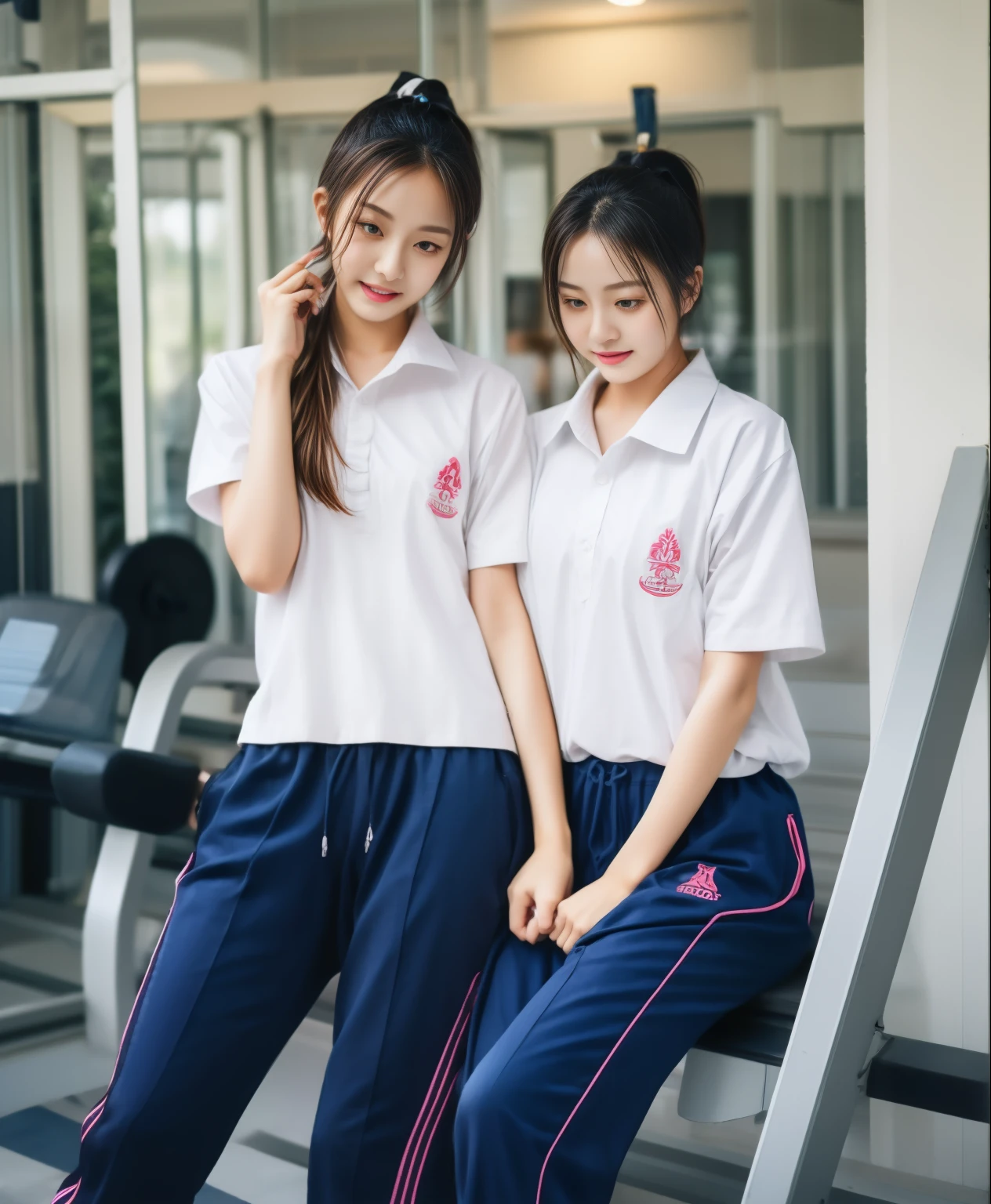3 girls in fitness center, Blue short sleeve shirt,Sweatpantsขายาวสีกรมท่า,Sweatpants, Sweatpantsขายาว,25 year old girl, lesbian, sexy, exercise clothes, wet body, exercise clothes