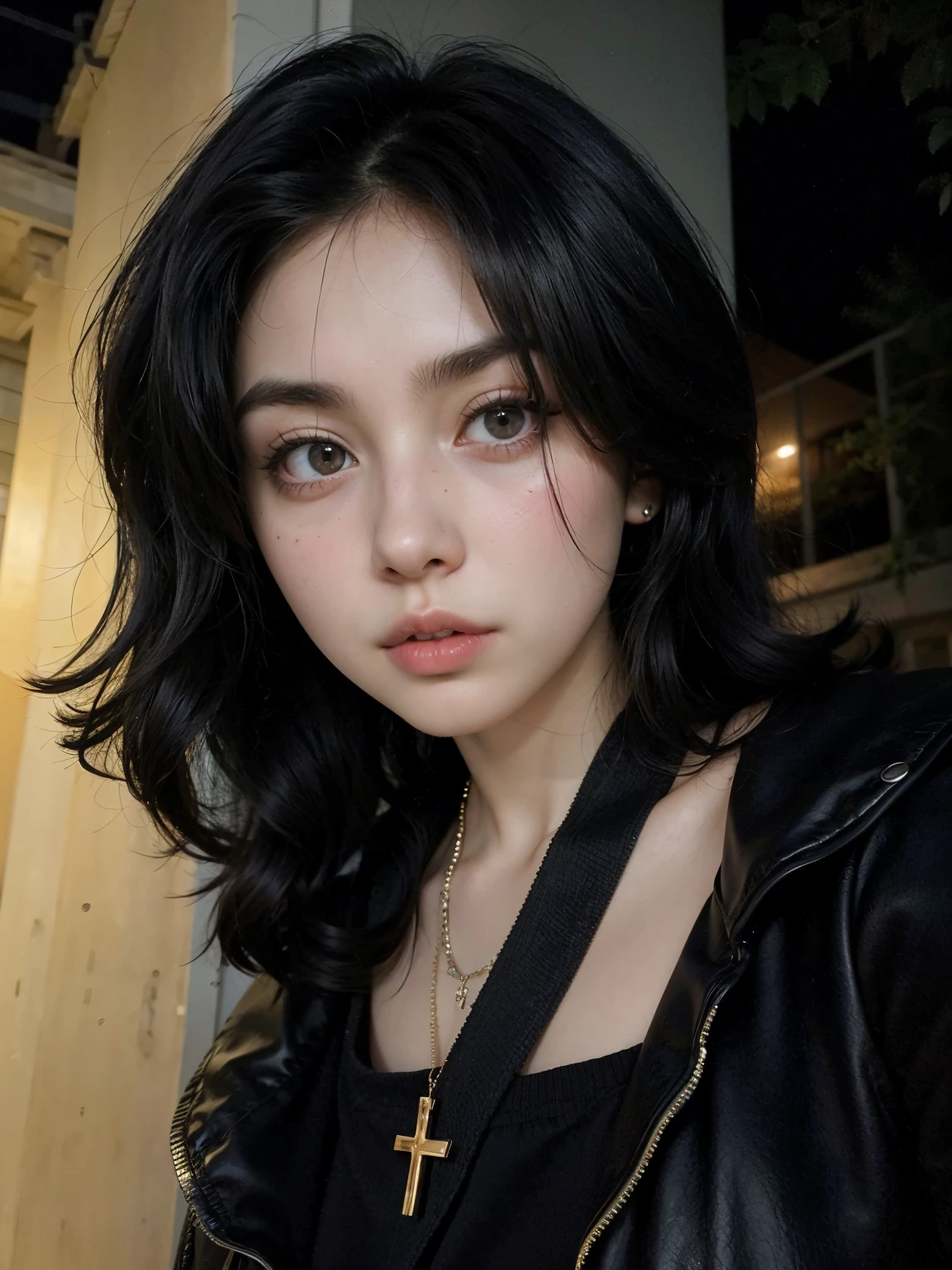 arafed woman with black hair and a cross necklace standing in front of a building, black hair and large eyes, charli xcx, pale-skinned persian girl, she has black hair, charli bowater, pale skin and dark eyes, young beautiful amouranth, 1 7 - - old h girl, with black hair, 18 years old