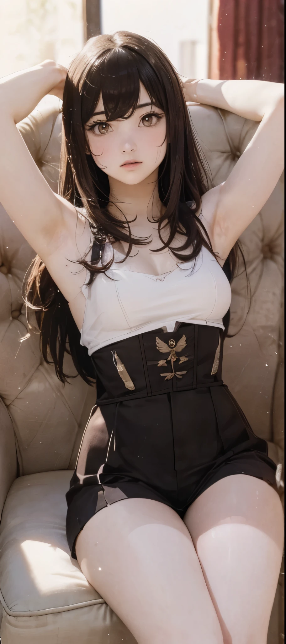 (Traditional Media:1.2), (2D:1.2), (Center:1.3), Illustration, (((Masterpiece))), (((16 year old girl))), from below, sitting on chair, highres, absurdres, dark background, no bra, photorealistic, lifelike, steamy, blushing, sleeveless, youthful appearance, (((embarrassed look))), pink lip gloss, (((armpits))), (((looking at viewer))), (((bare skin))), ((medium chest)), correct anatomy, perfect face, thighs, mascara, fair skin, 